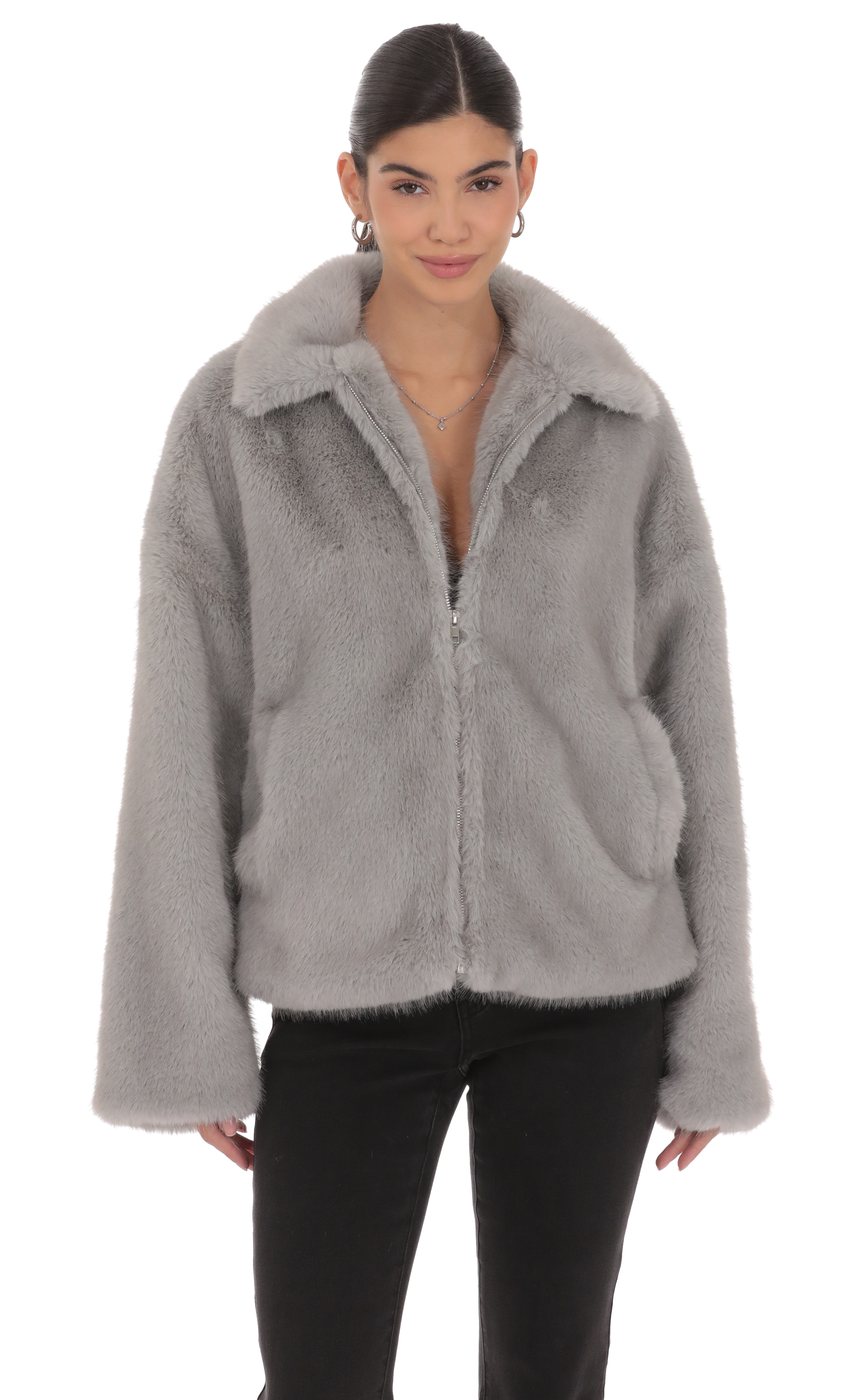 Zip-Up Faux Fur Jacket in Grey