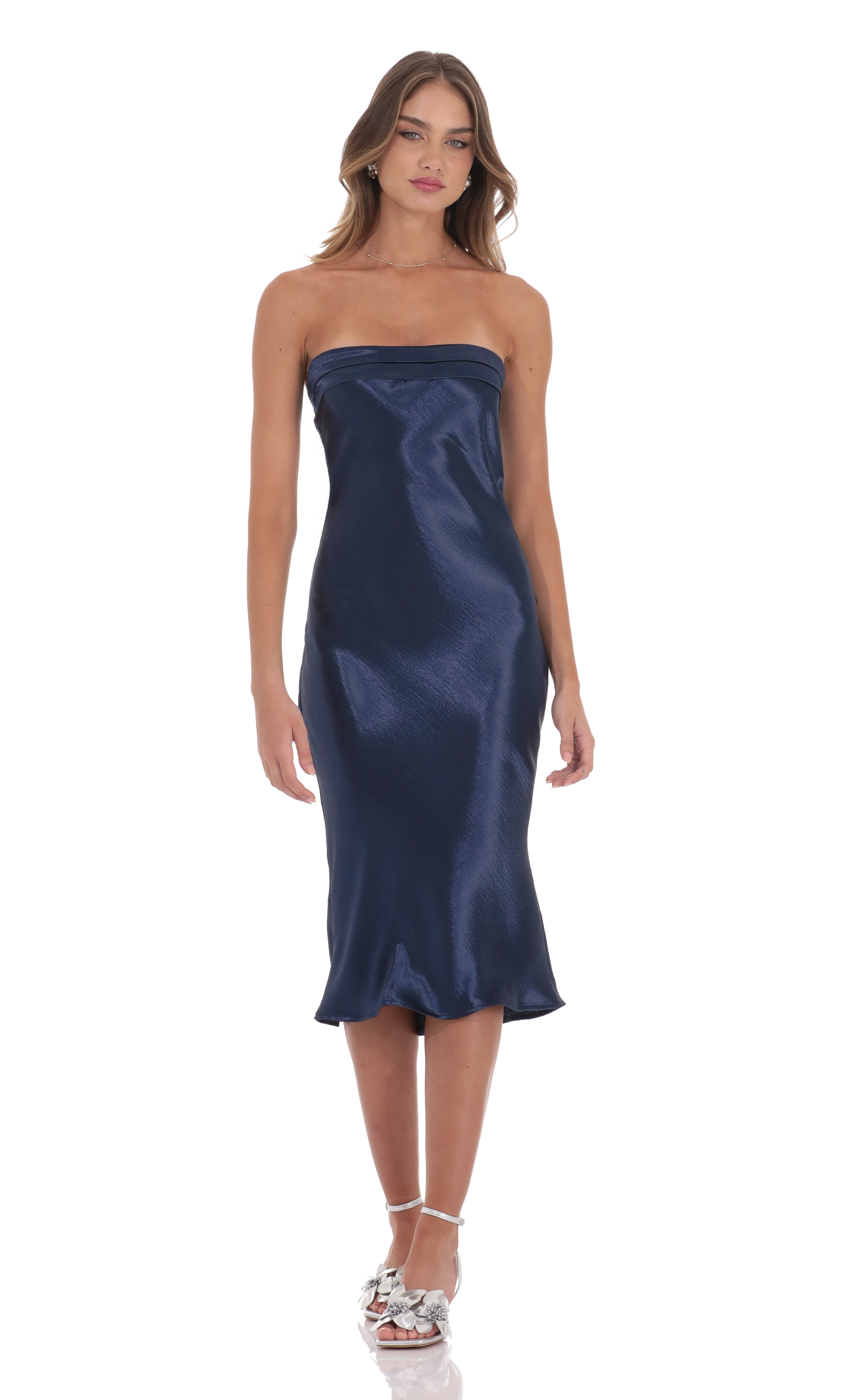 navy blue strapless satin dress Altar'd State | Paityn Strapless Maxi Dress | NAVY | Material: 97% Polyester, 3% Spandex