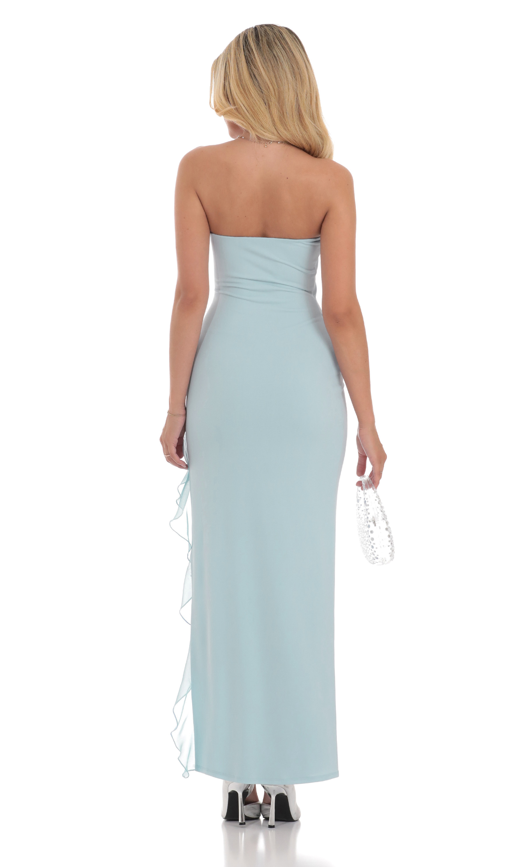 Strapless Ruffle Slit Dress in Blue Strapless Ruffle Slit Dress in Blue
