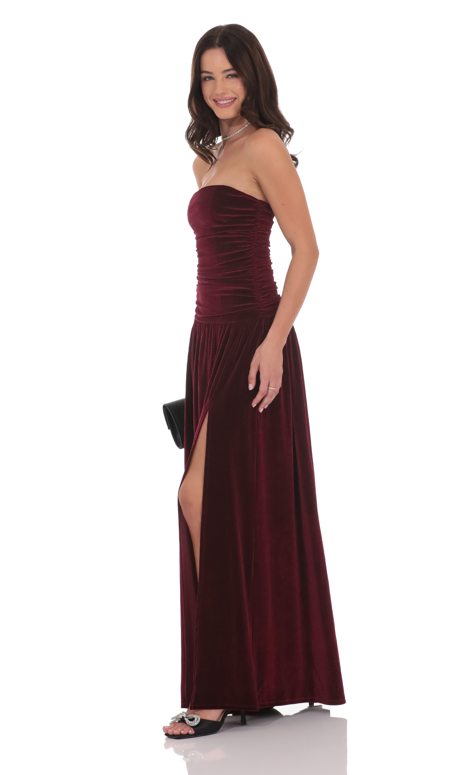 chinese dress ladies Oh Polly Adriana Halter Neck Velvet Maxi Dress in Wine-red