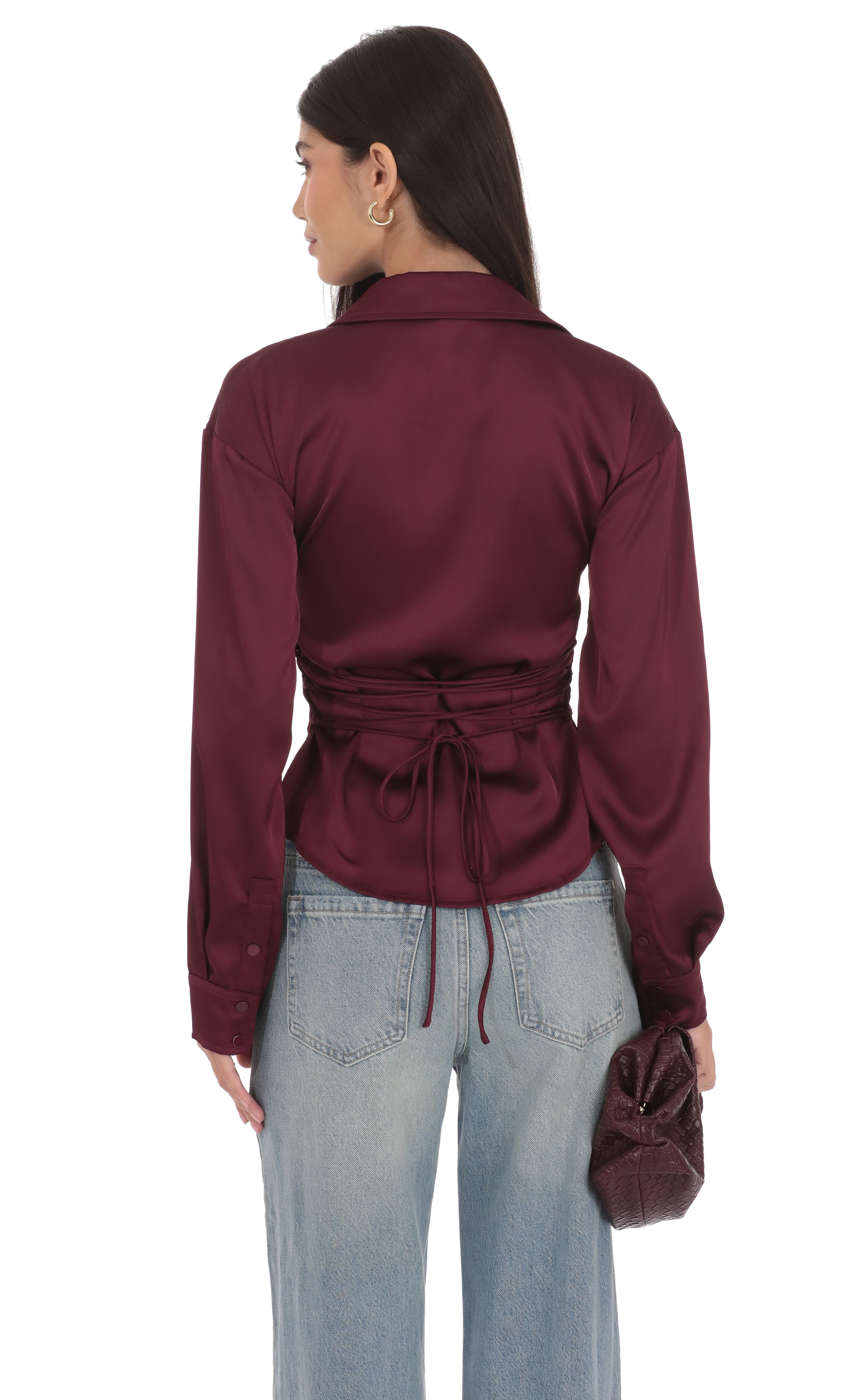 Satin Button-Up Shirt in Burgundy