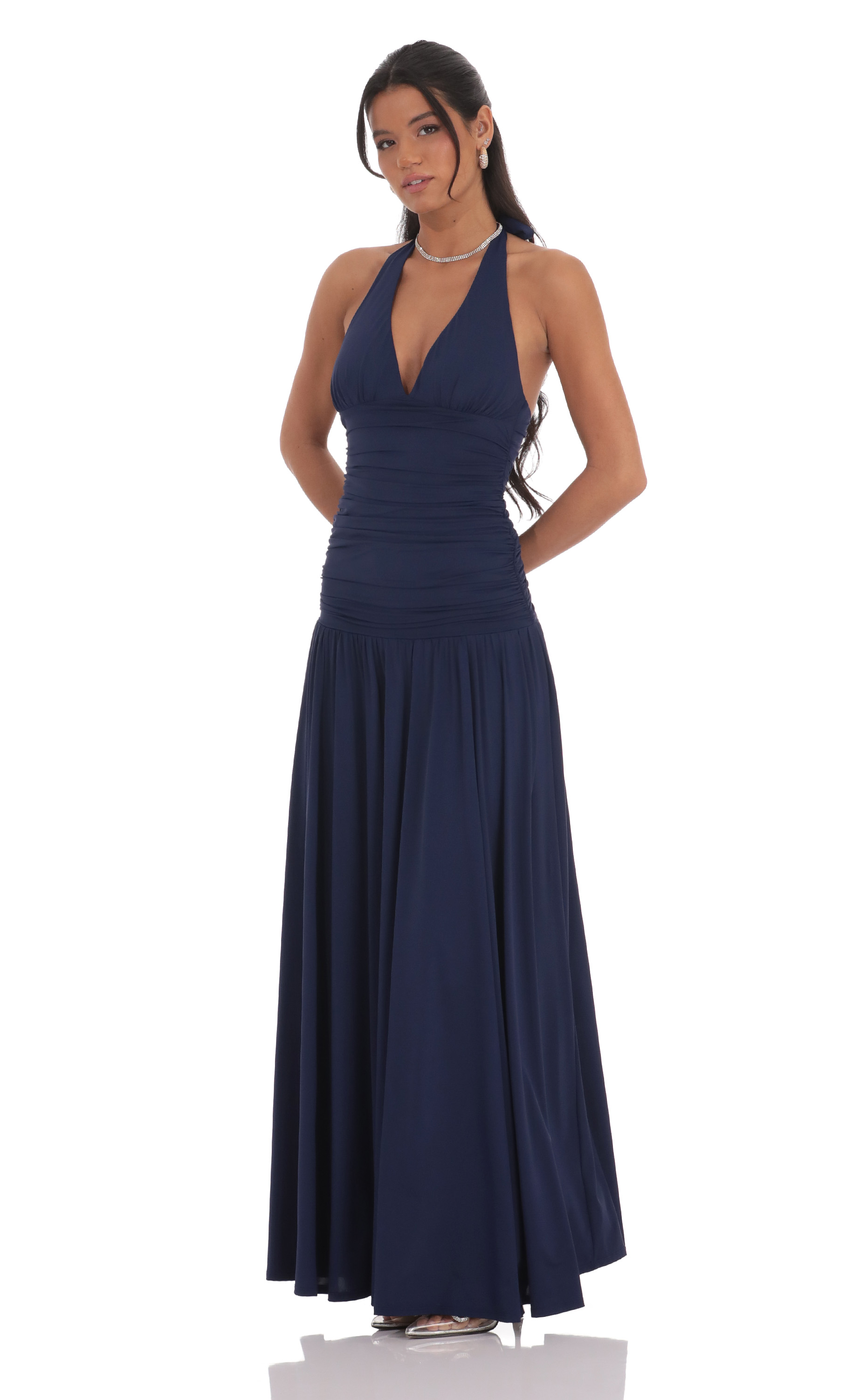 Halter Drop Waist Maxi Dress In Navy