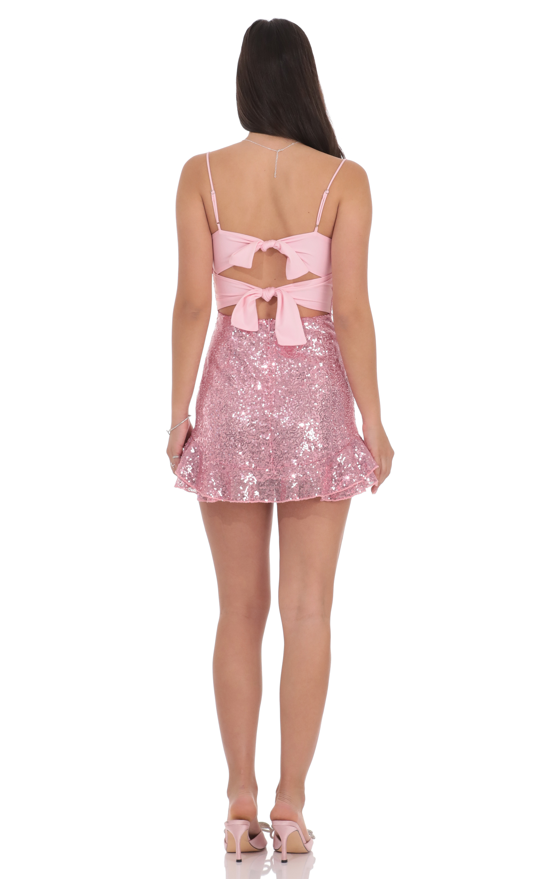 lucy in the sky pink sequin dress Sequin Back Tie Dress in Pink