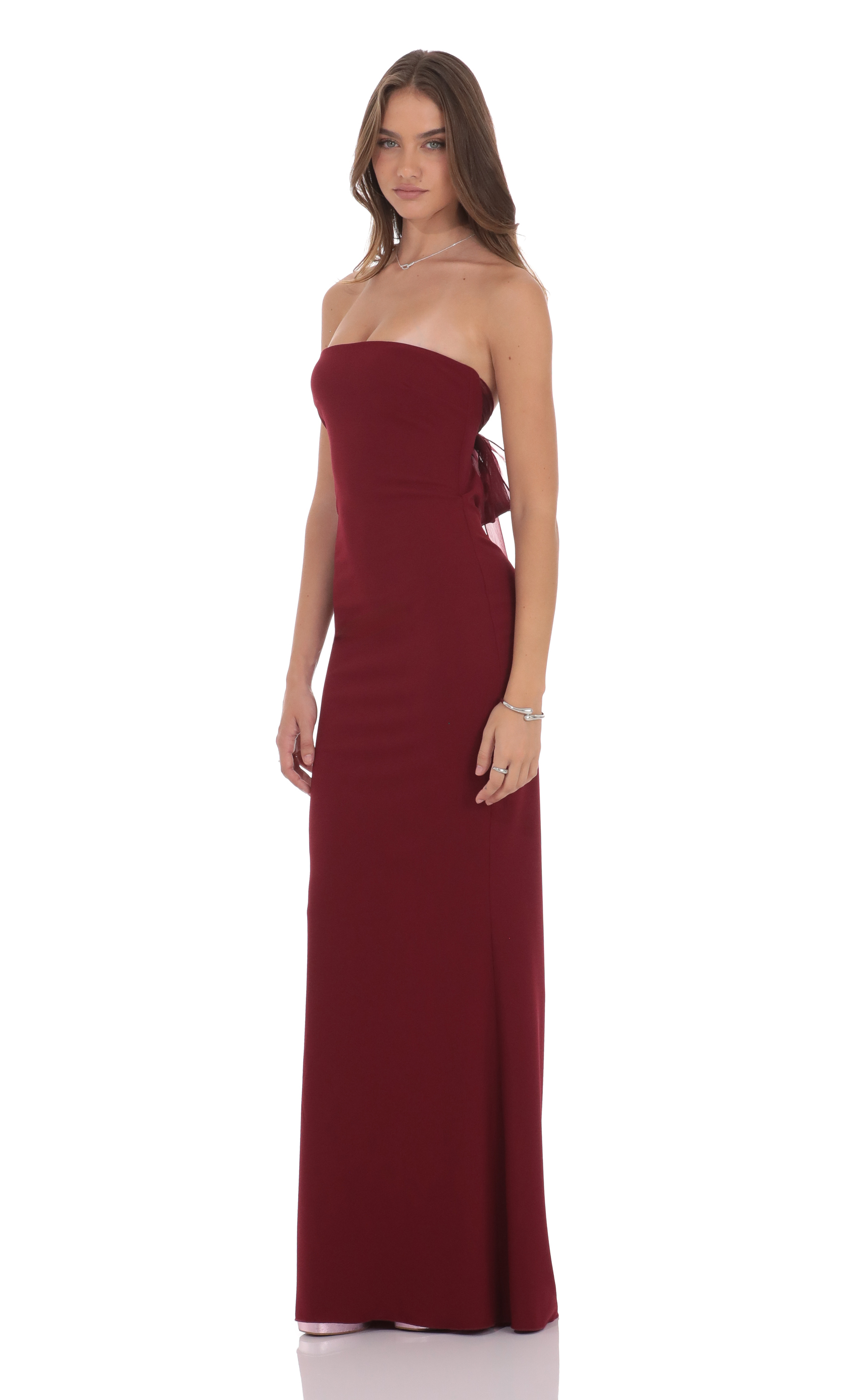 Back Bow Strapless Maxi Dress in Burgundy | LUCY IN THE SKY Back Bow Strapless Maxi Dress in Burgundy | LUCY IN THE SKY