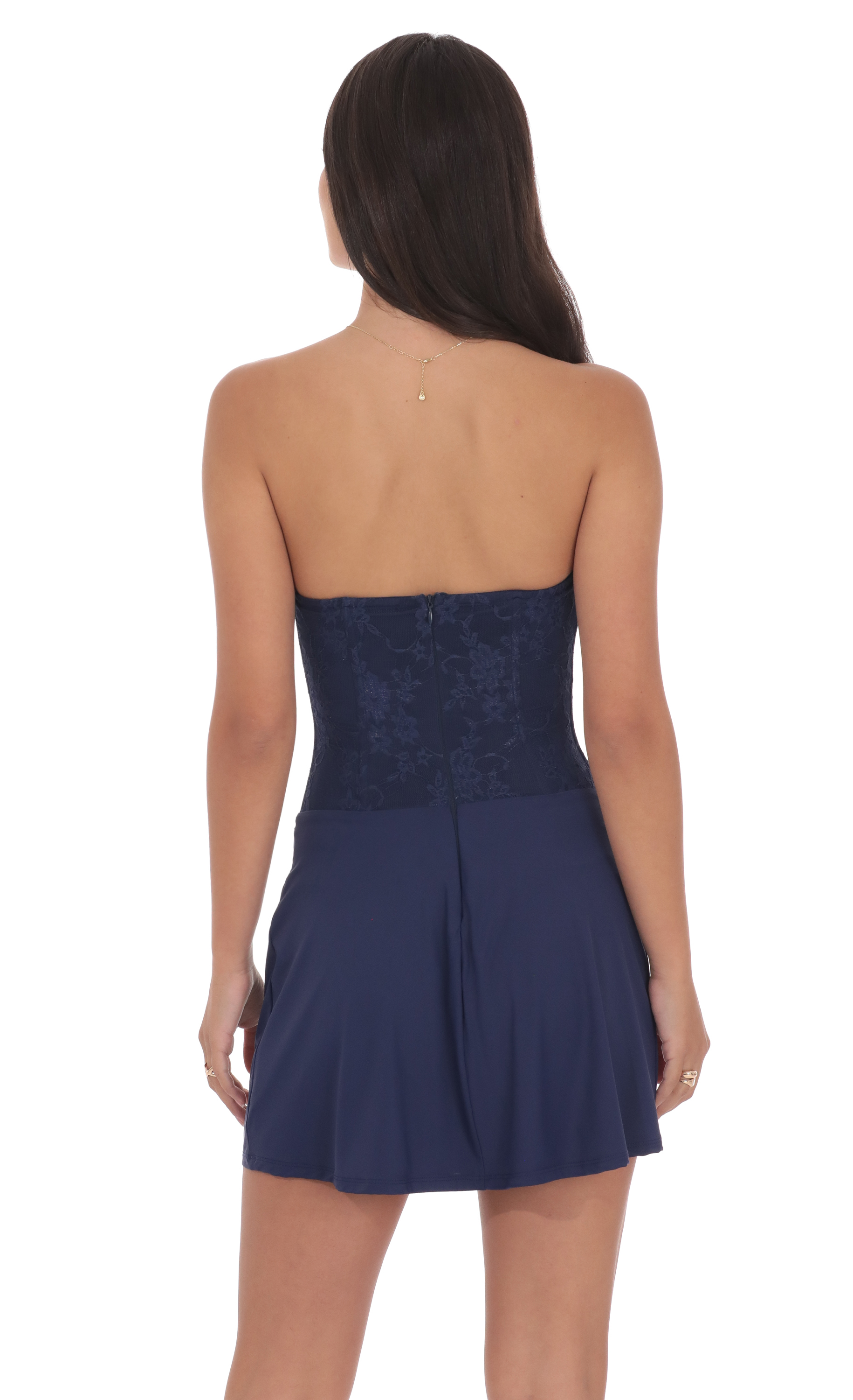 Draped Waist Lace Corset Dress in Navy Draped Waist Lace Corset Dress in Navy
