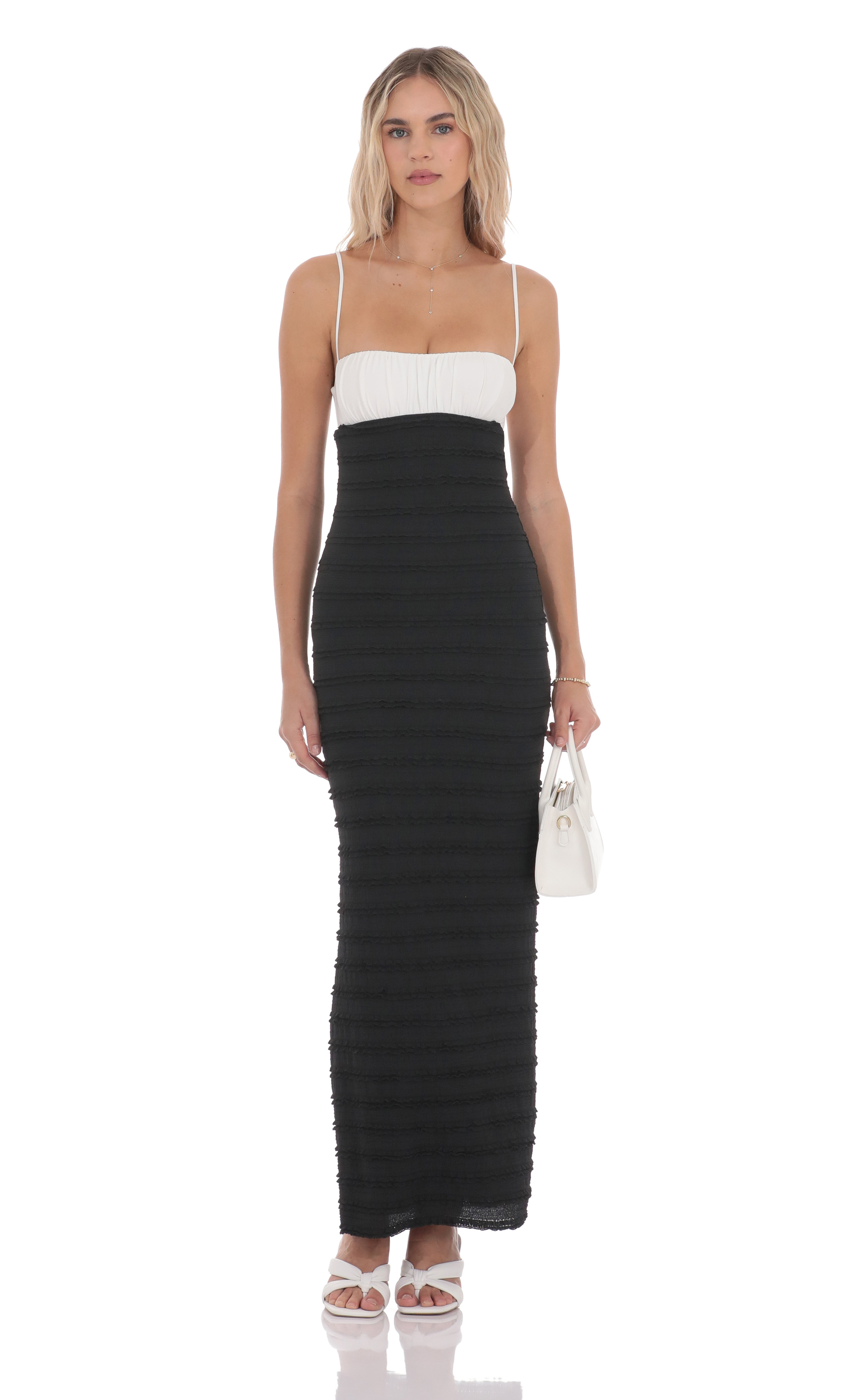 Two-Toned Frill Maxi Dress in Black and White