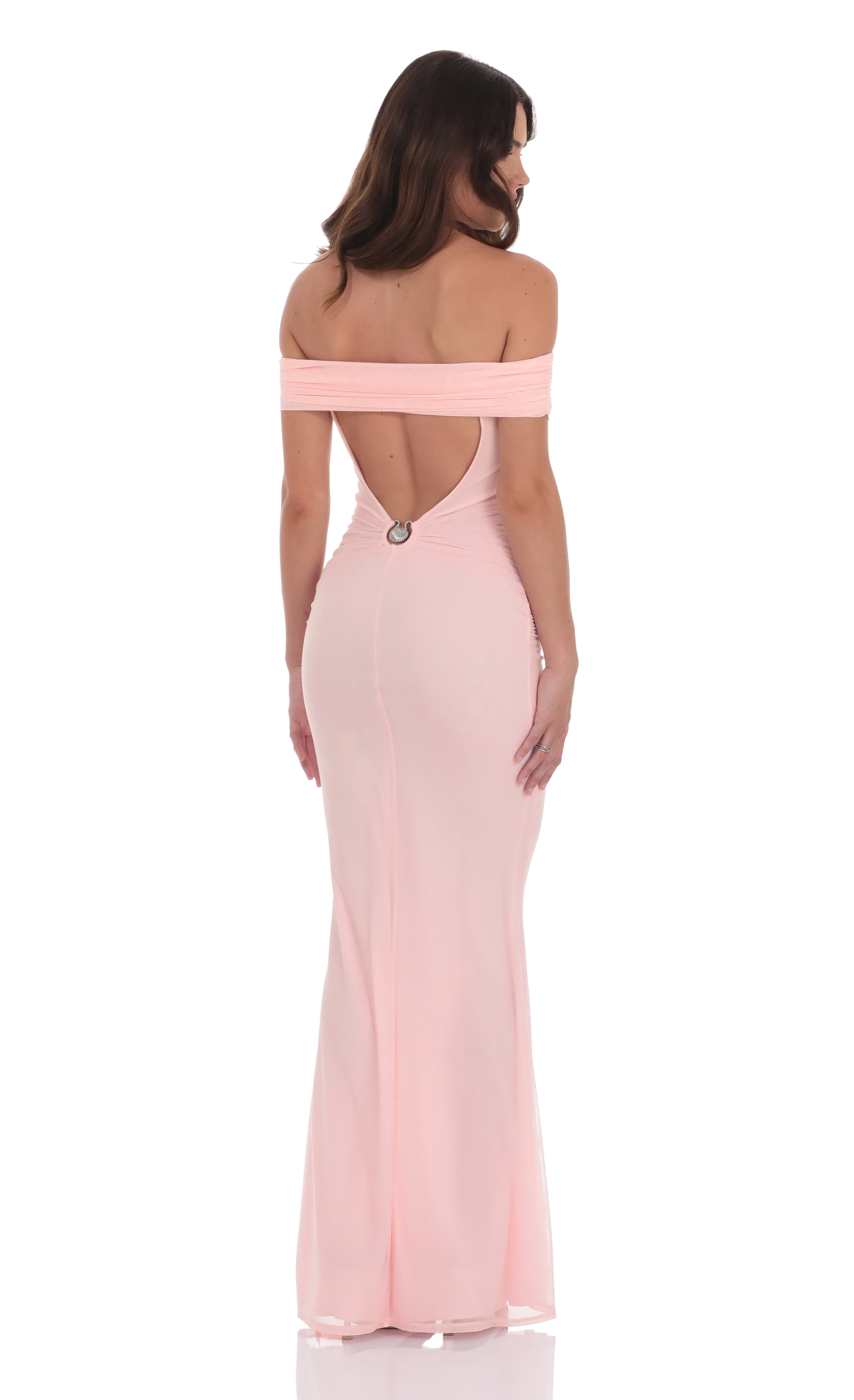 Mesh Embellished Off Shoulder Maxi Dress in Pink