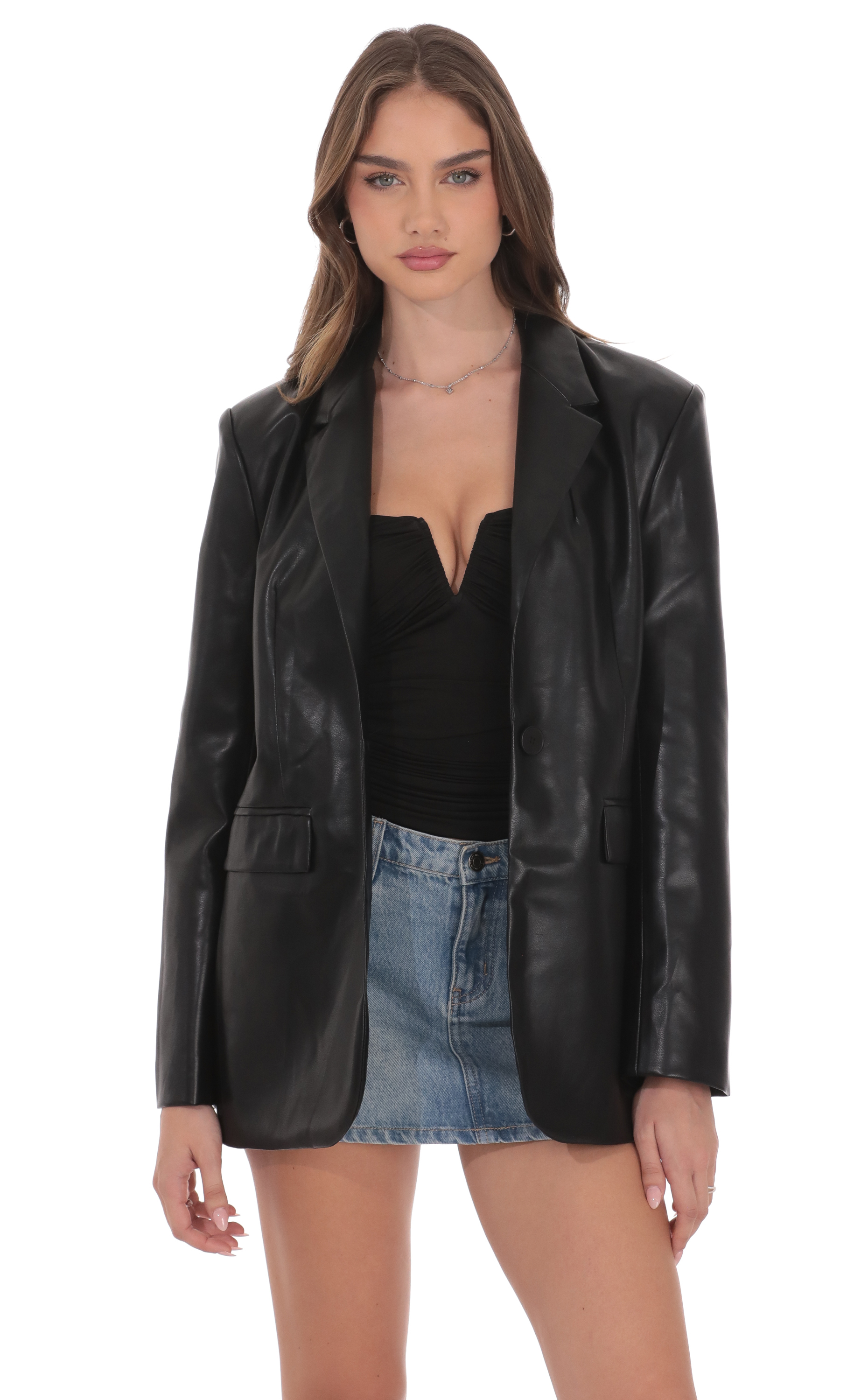 Faux Leather Blazer in Black