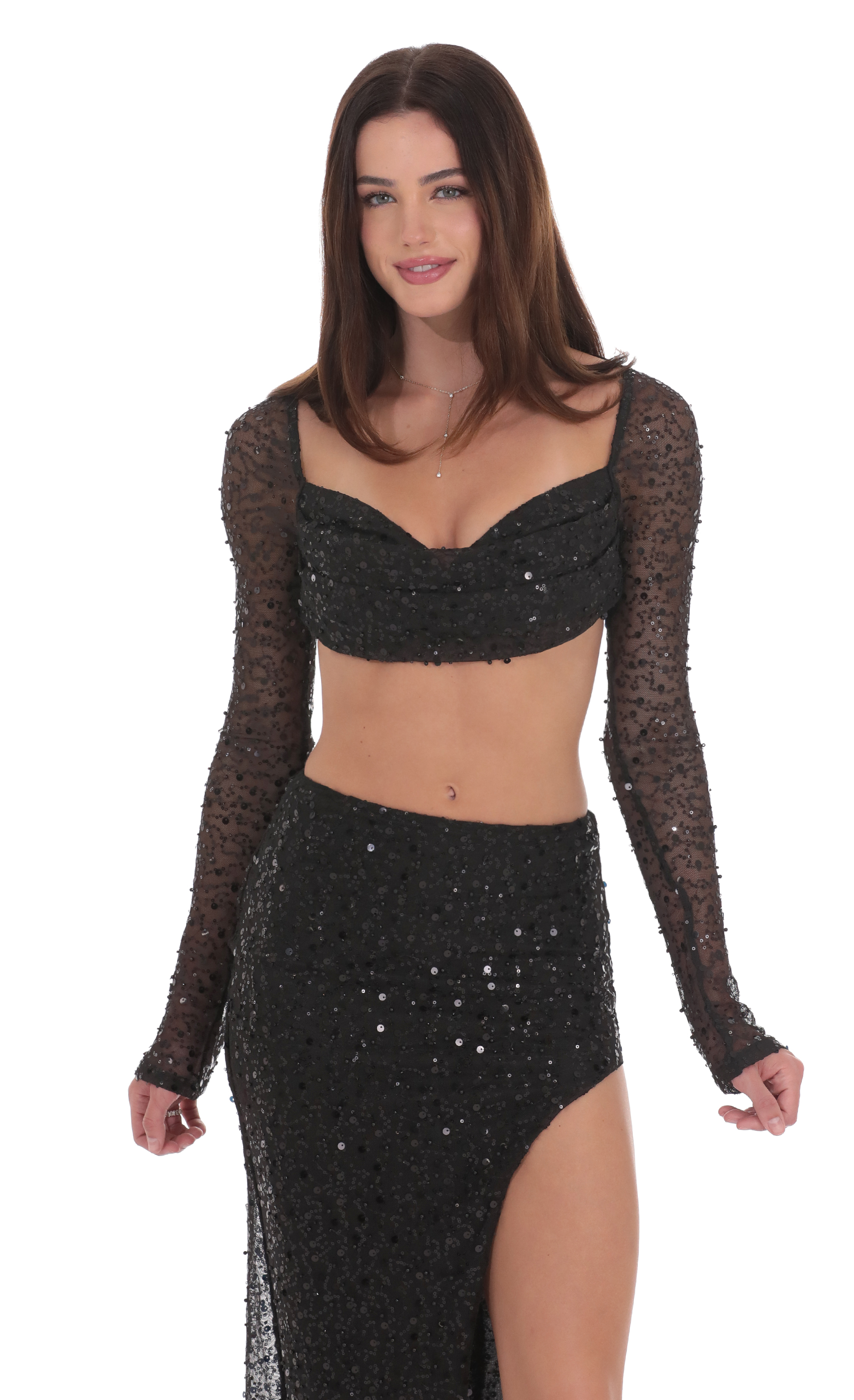 Sequin Beaded Long Sleeve Crop Top in Black