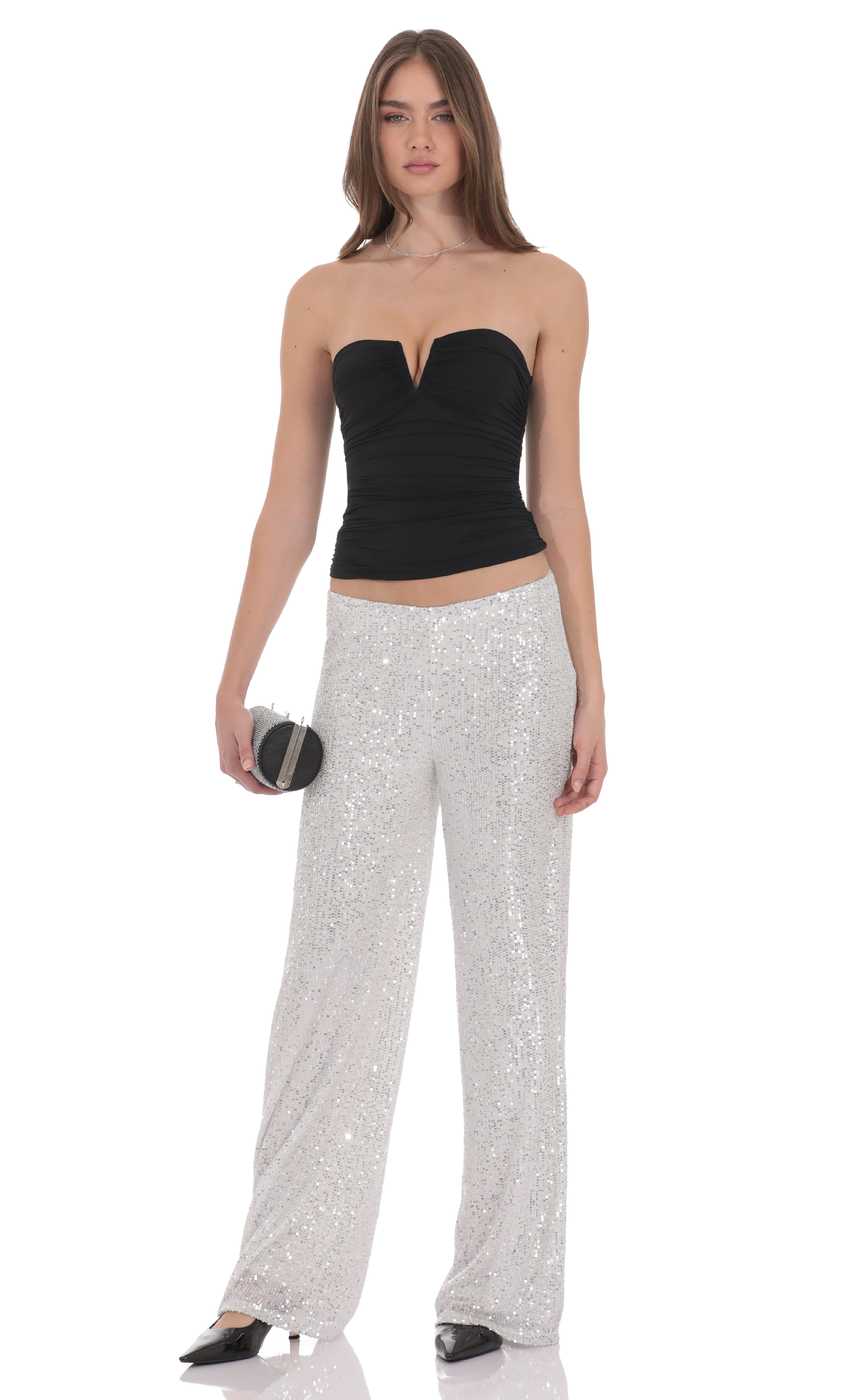 Straight Sequin Pants in Silver