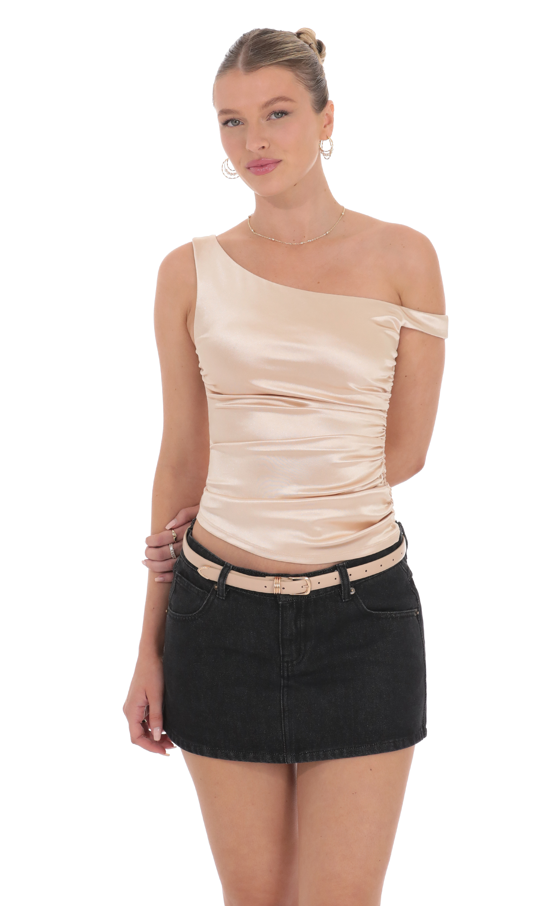Satin Off Shoulder Top in Champagne