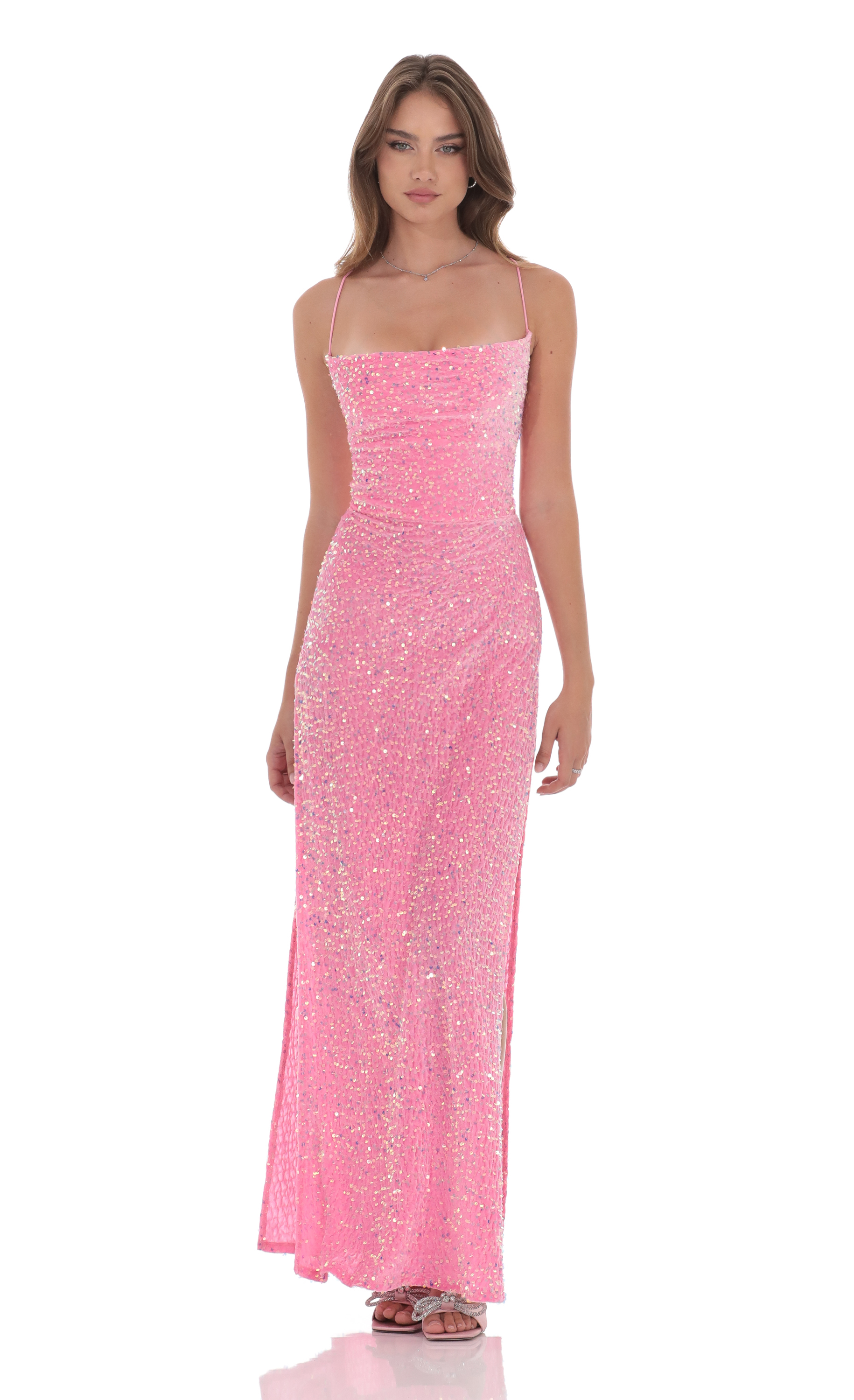 Cowl Neck Velvet Sequin Maxi Dress in Pink