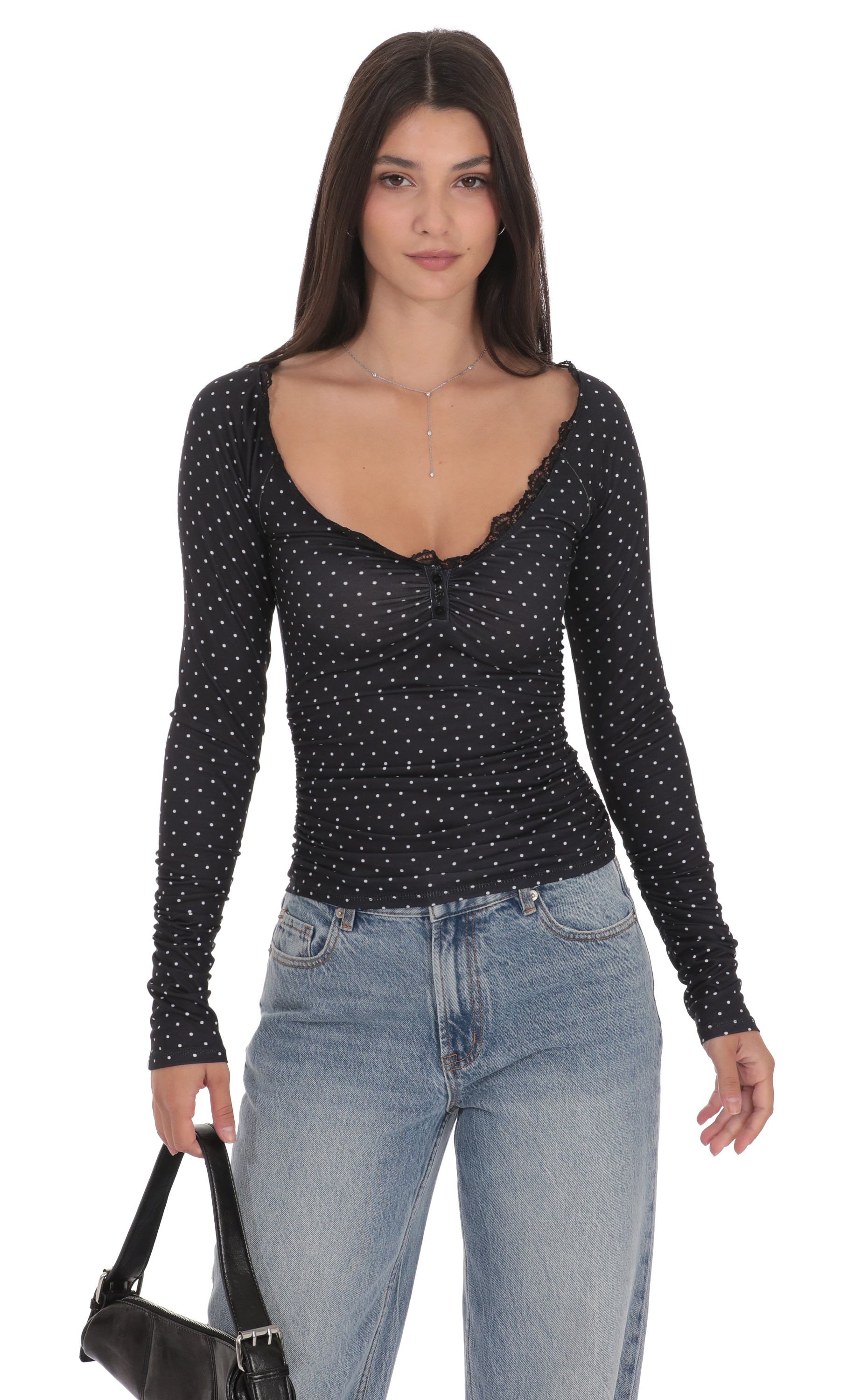 Топ в горох с кружевной отделкой