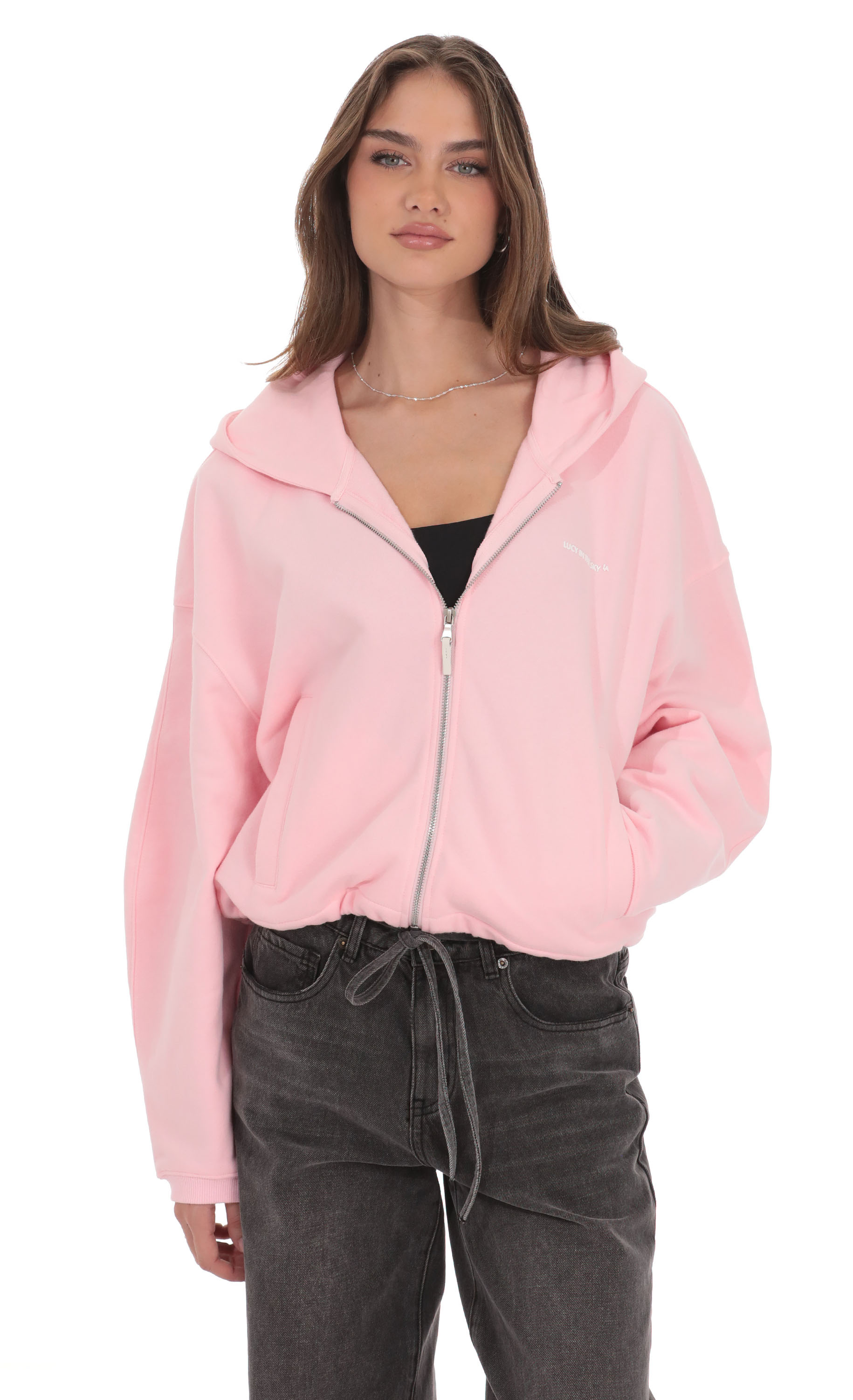Cropped Fleece Zip-Up Hoodie in Pink