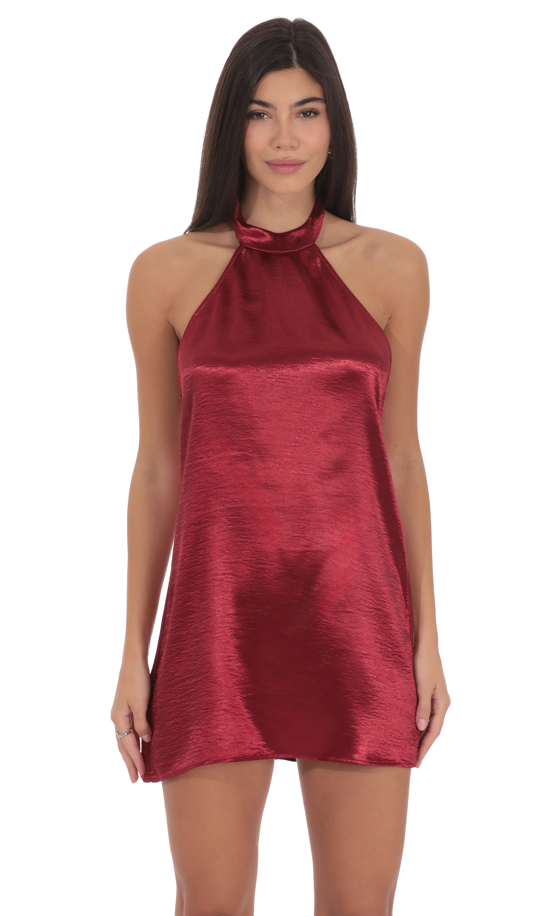 Satin Halter Shift Dress in Maroon