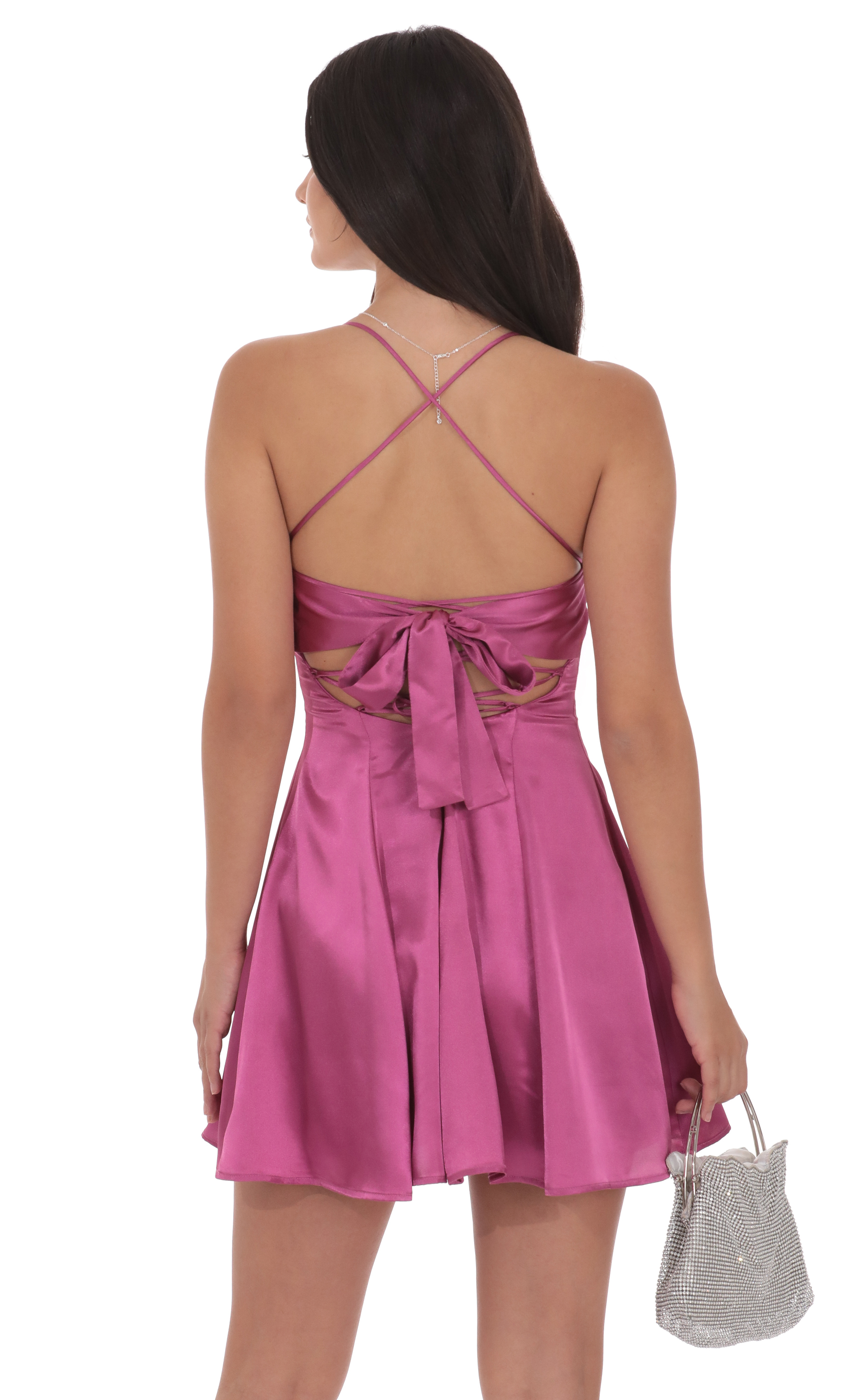 Satin Draped A-Line Dress in Magenta | LUCY IN THE SKY Satin Draped A-Line Dress in Magenta | LUCY IN THE SKY