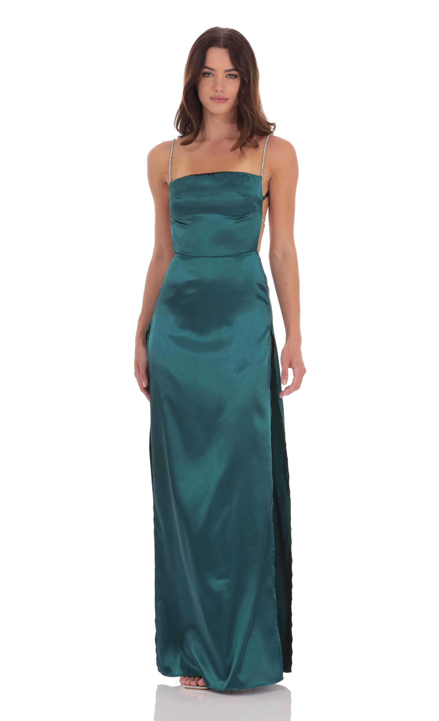 fitted green dress Lady Black Tie - Teagan Gown - Emerald - Fitted Satin & Lace Dress main image 1