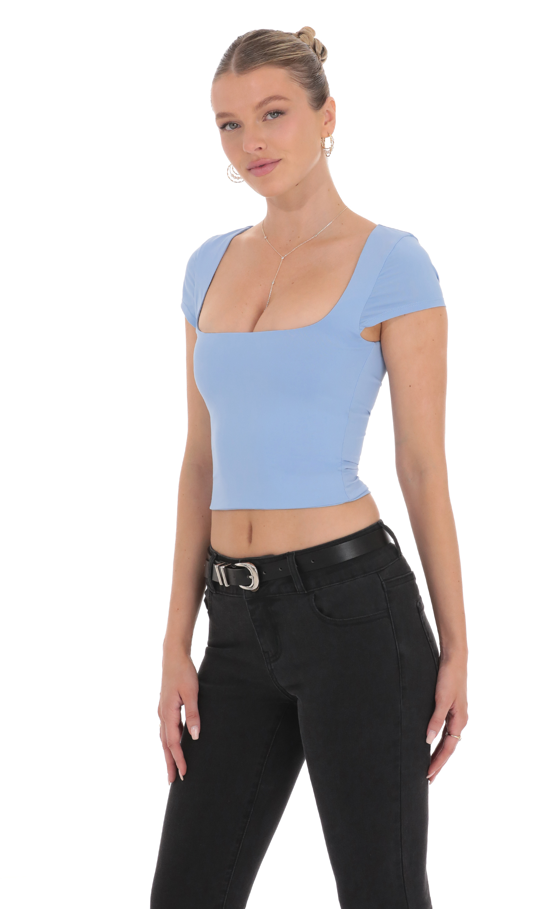 Scoop Neck Open Back Top in Sky Blue