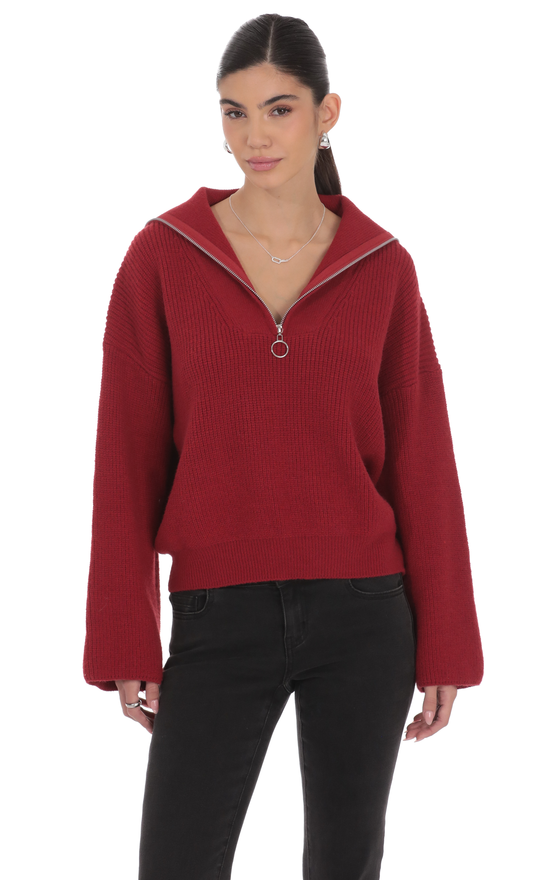 Knit Quarter-Zip Jumper in Maroon