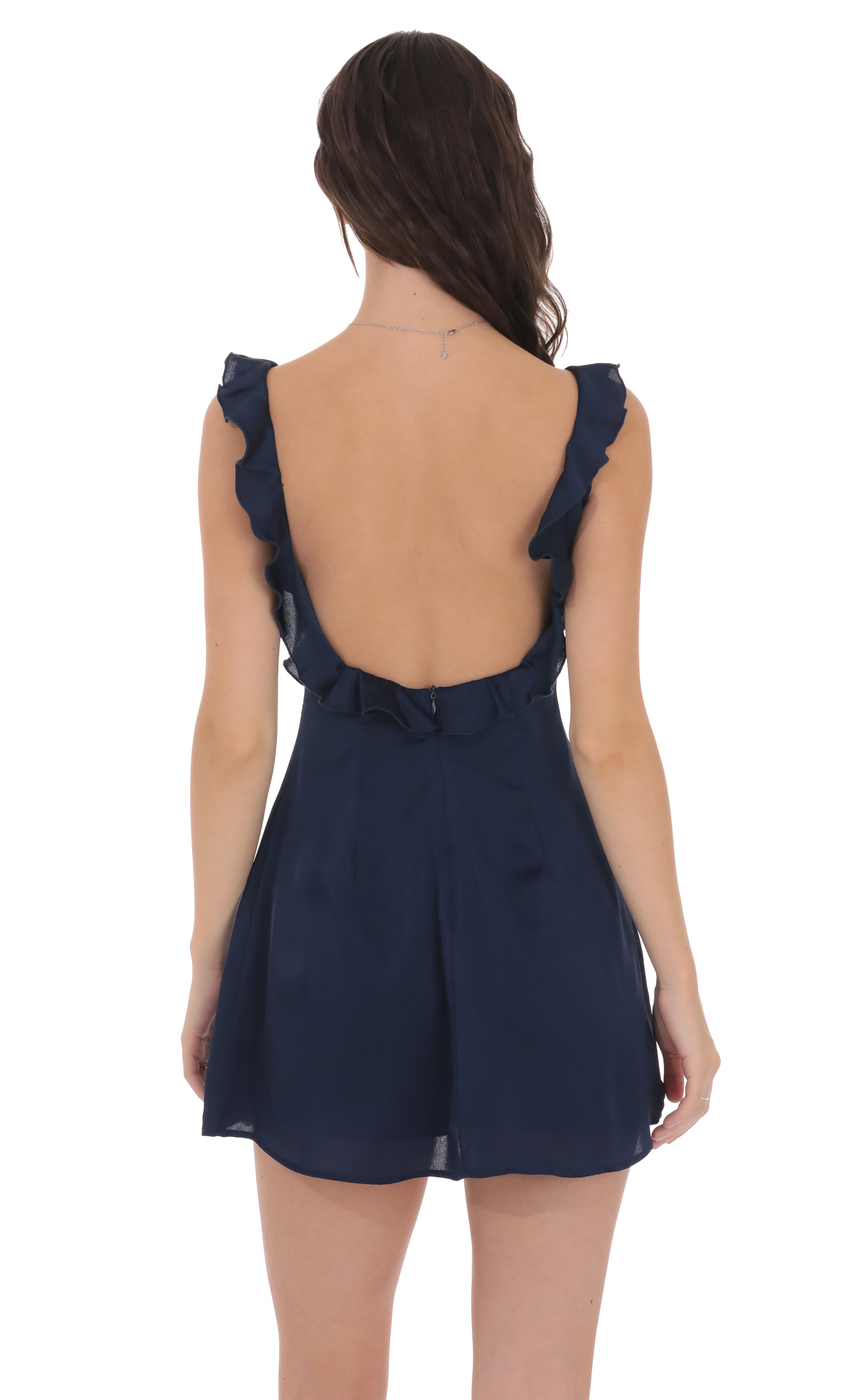 Satin Ruffle V-Neck Dress in Navy