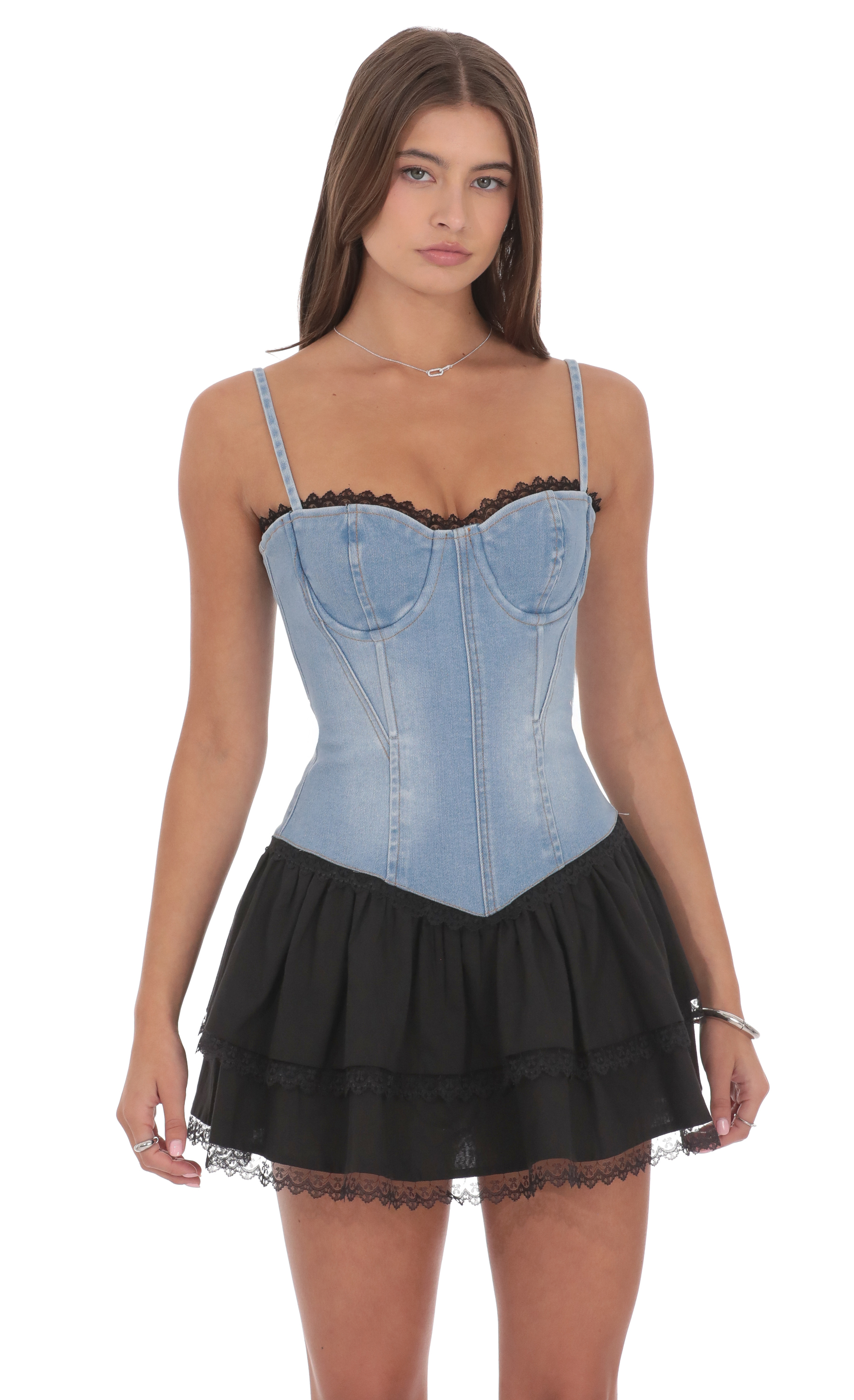 Two Toned Denim Ruffle Dress in Blue and Black