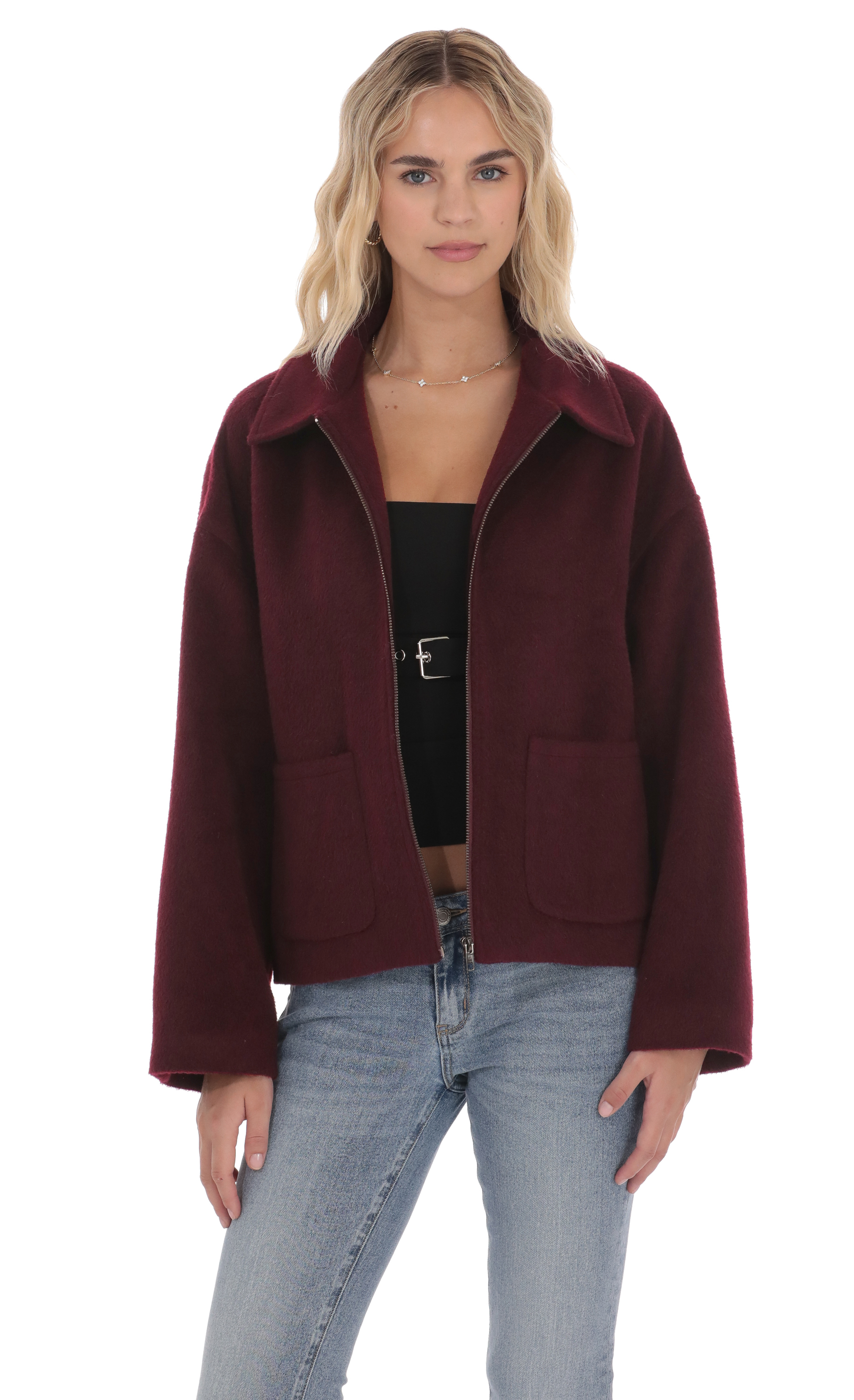 Fuzzy Zip-Up Jacket in Burgundy