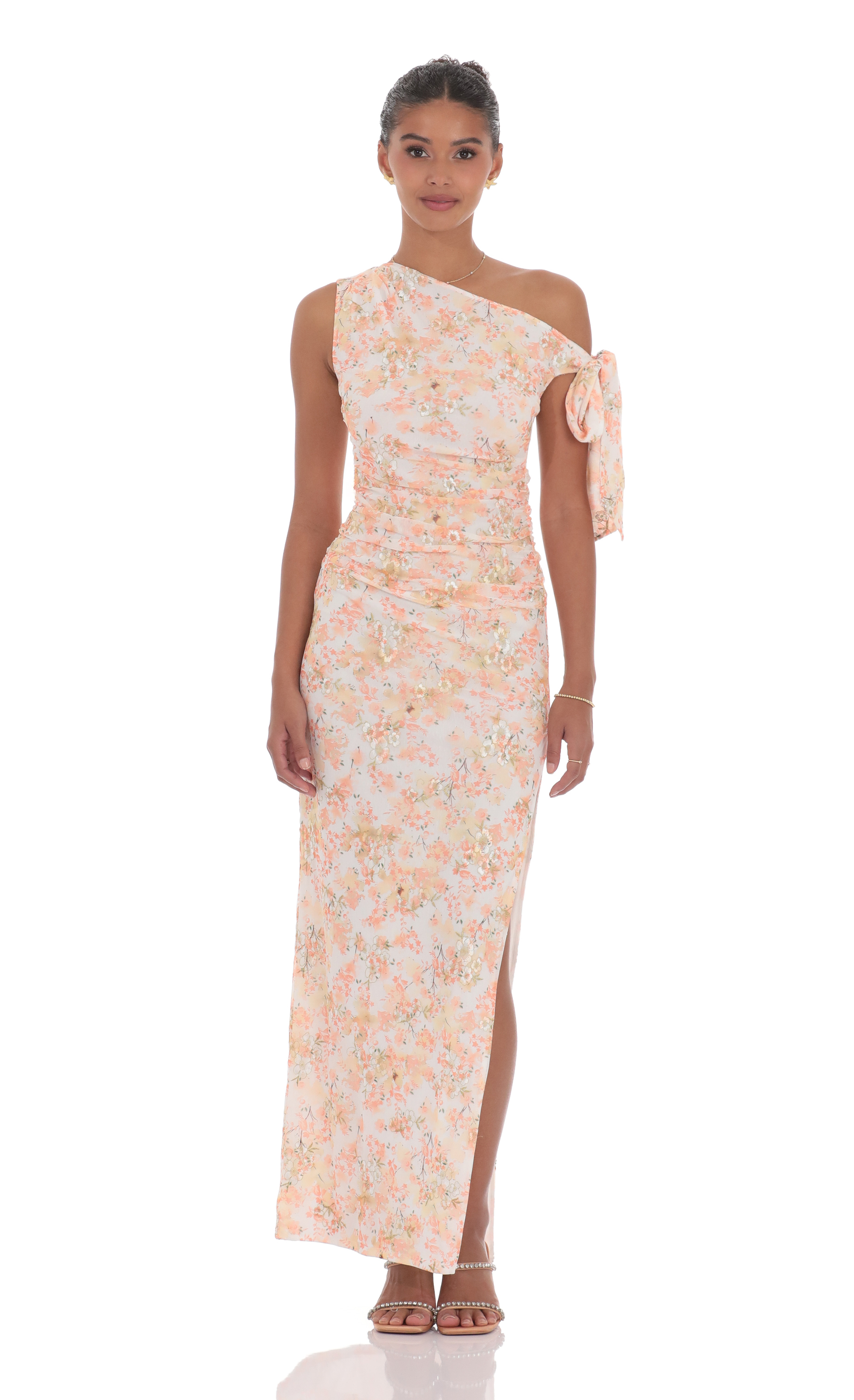 shimmer please off shoulder maxi dress Floral Shimmer Off Shoulder Maxi Dress in Peach
