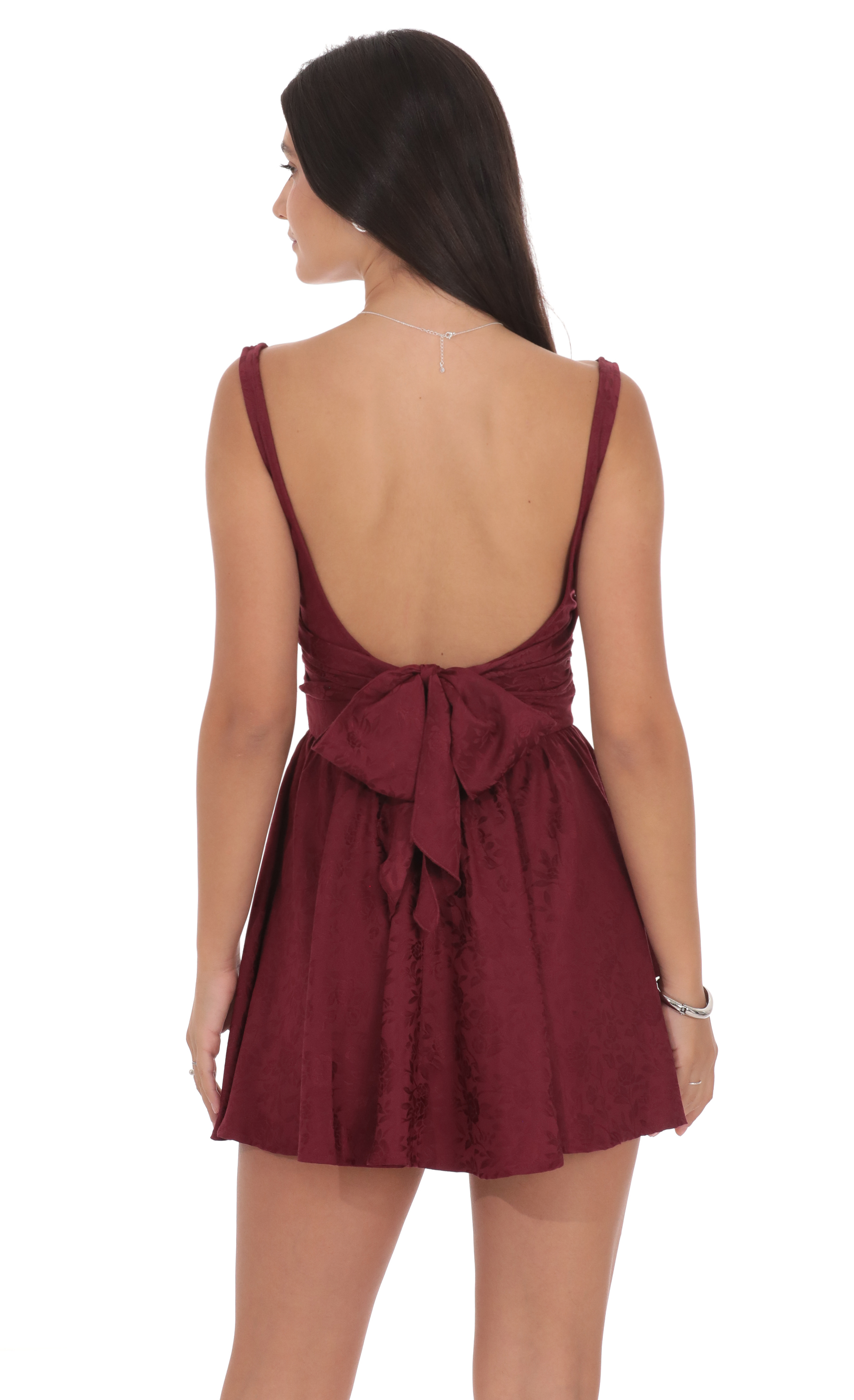 Floral Jacquard Open Back Bow Dress in Burgundy