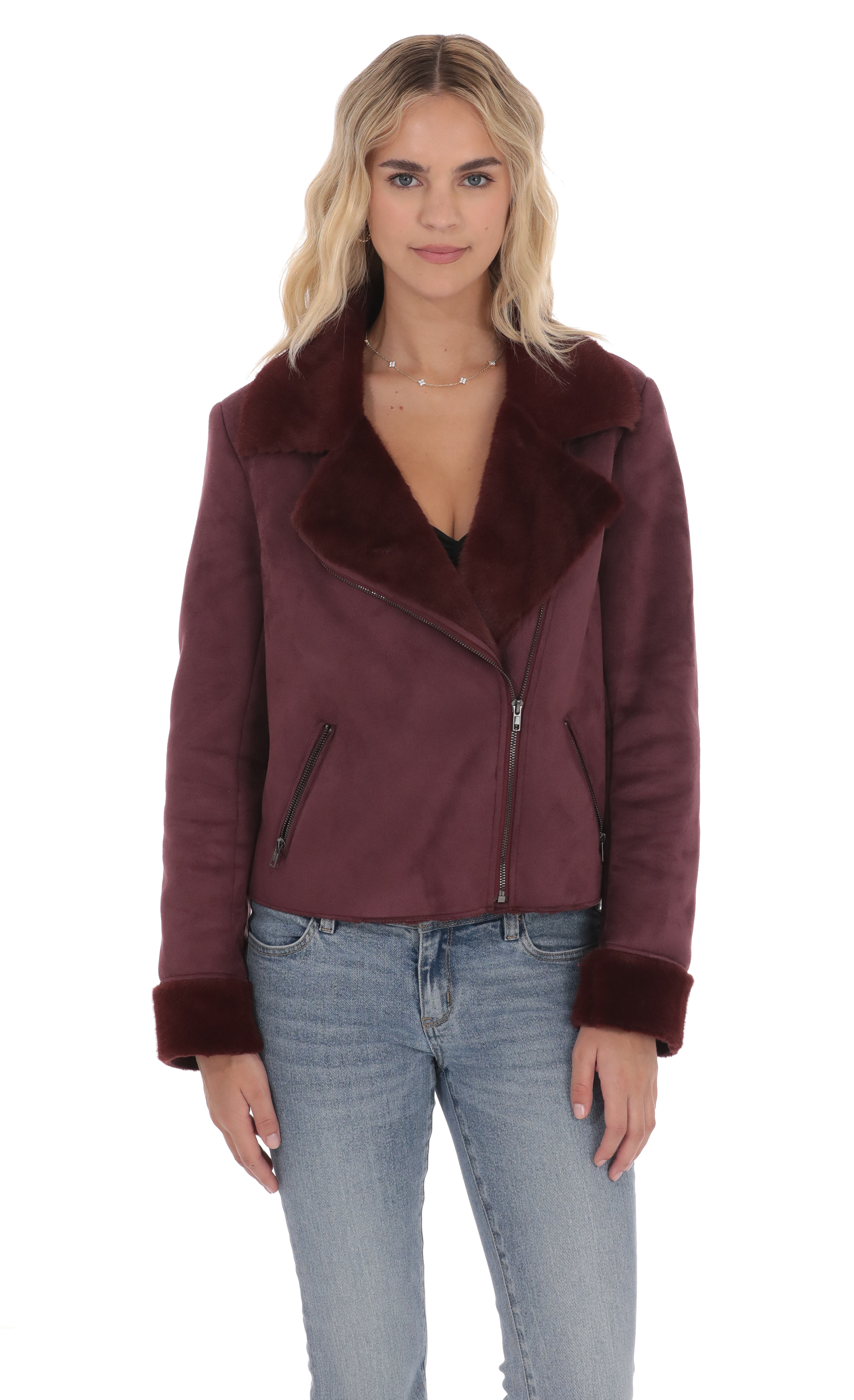 Fur Collar Suede Jacket in Purple