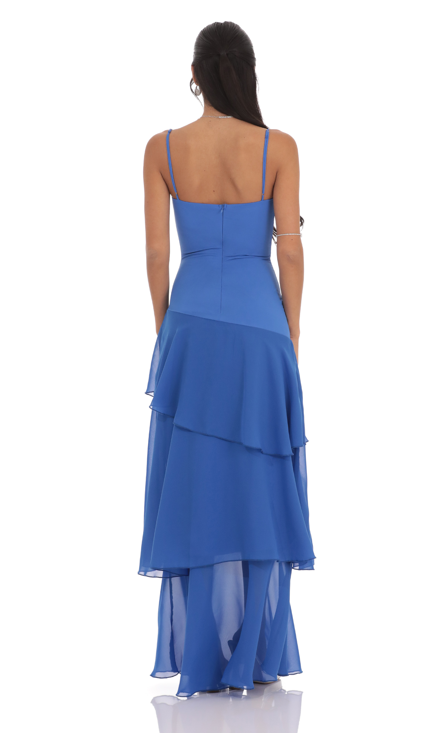 blue dress with ruffles Ruffled maxi For Women The dress has a heart Navy Blue Satin Smocked Ruffled