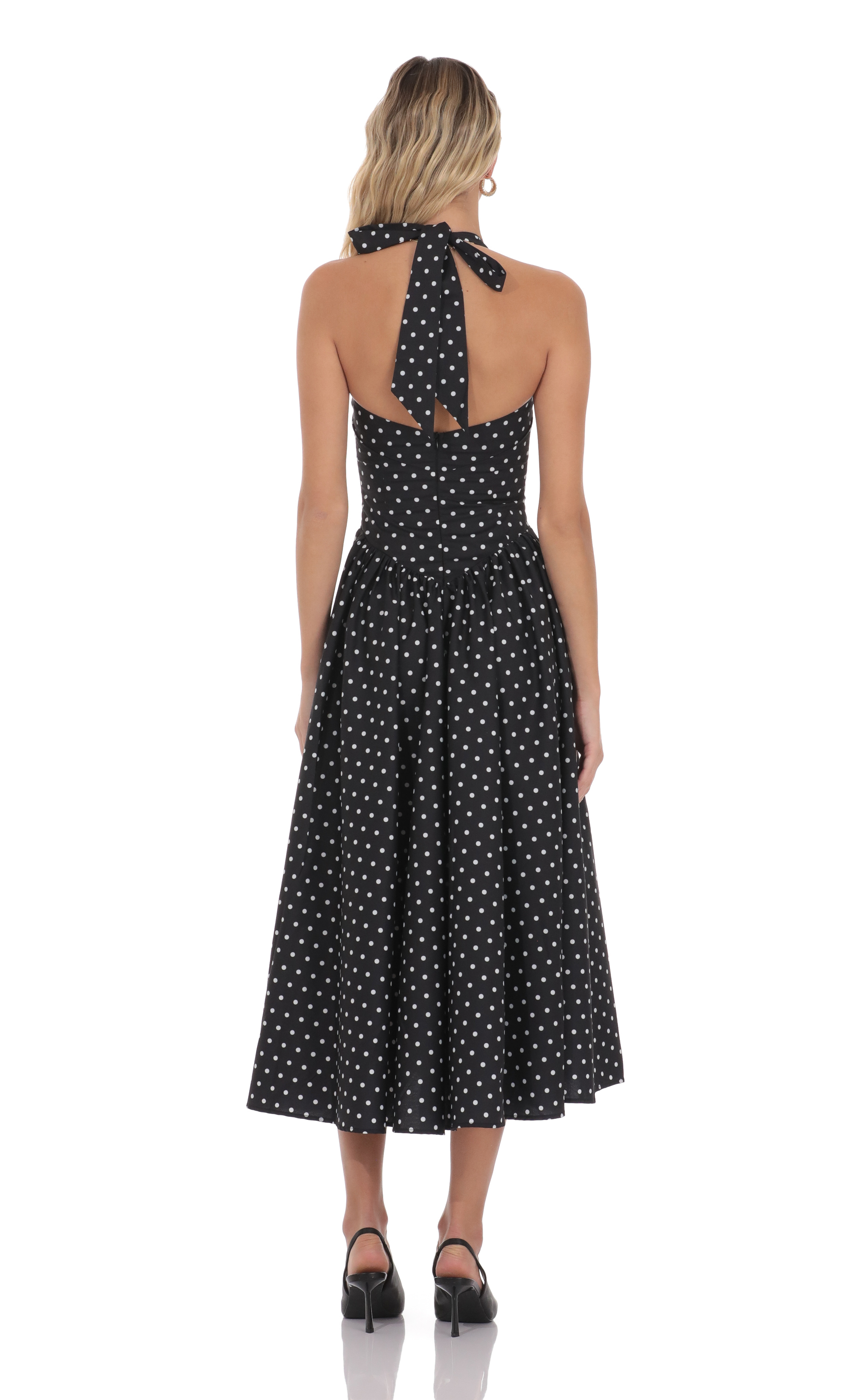 Polka Dot Halter Midi Dress in Black | LUCY IN THE SKY