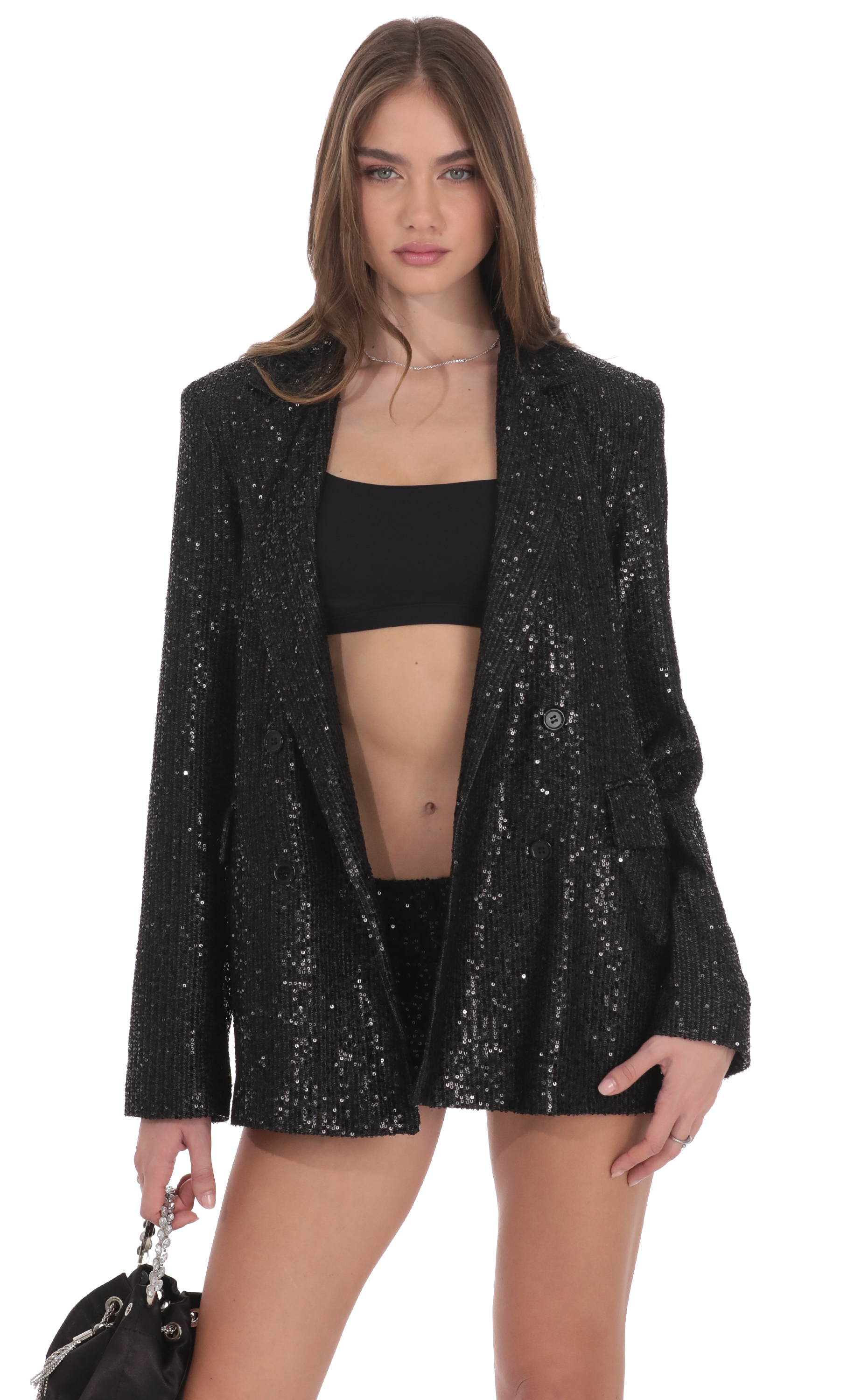 Double Breasted Sequin Blazer in Black