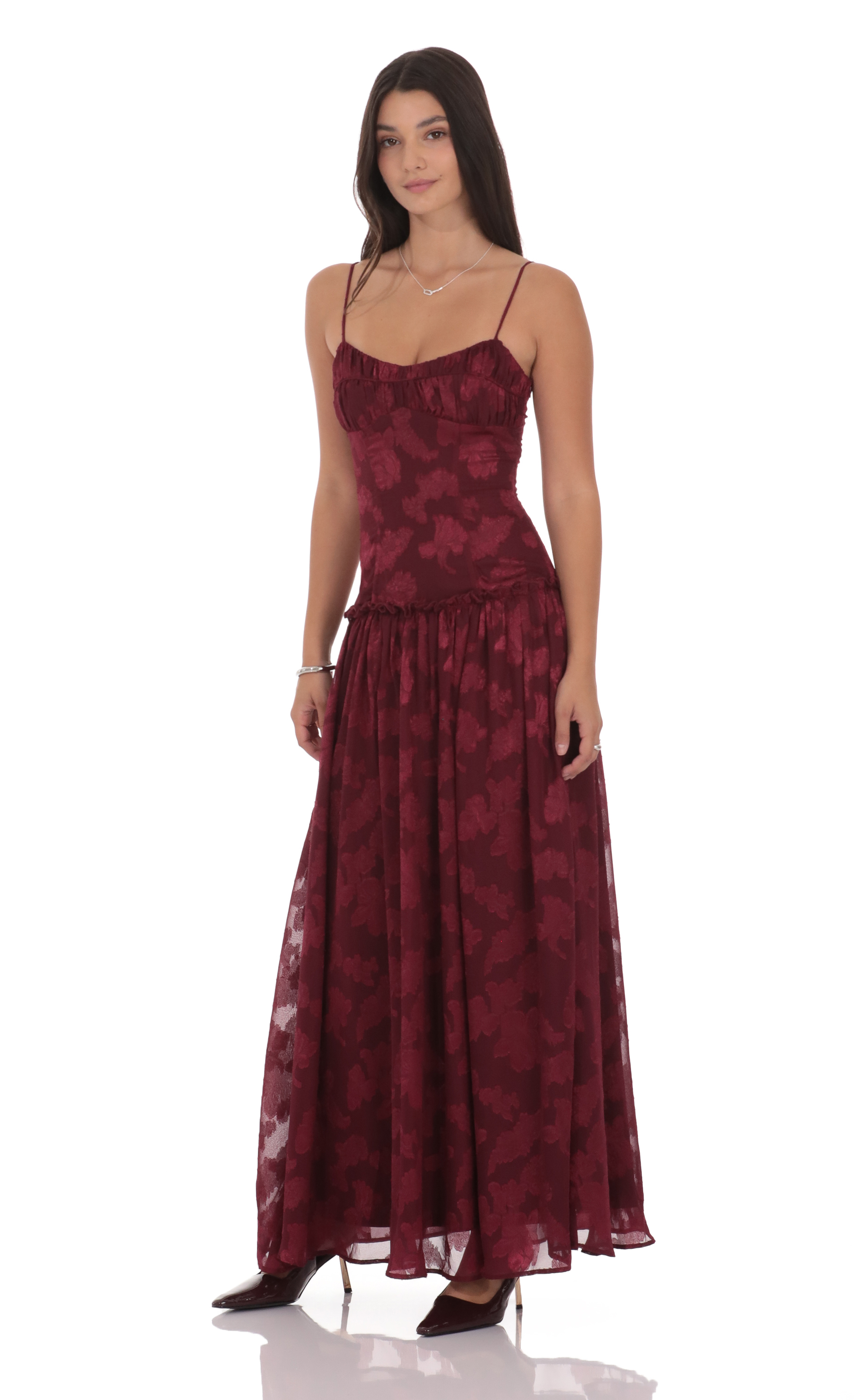 Floral Chiffon Maxi Dress in Burgundy Floral Chiffon Maxi Dress in Burgundy