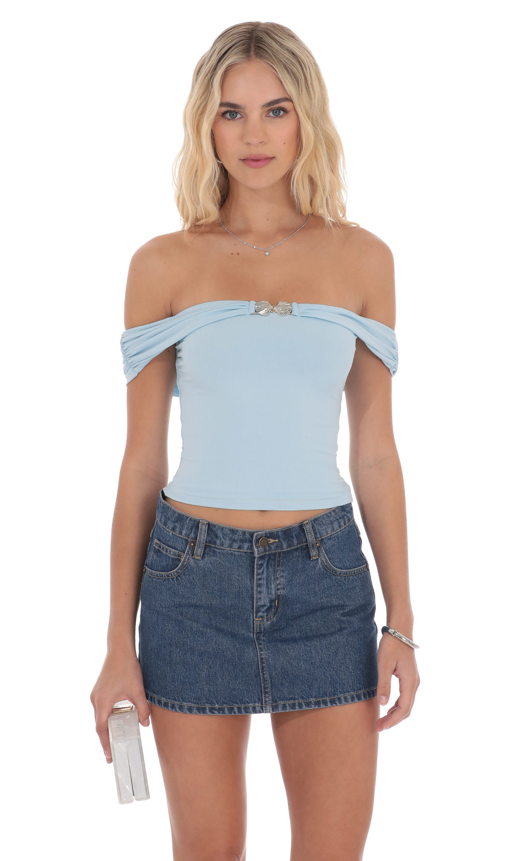 Embellished Off Shoulder Top in Light Blue
