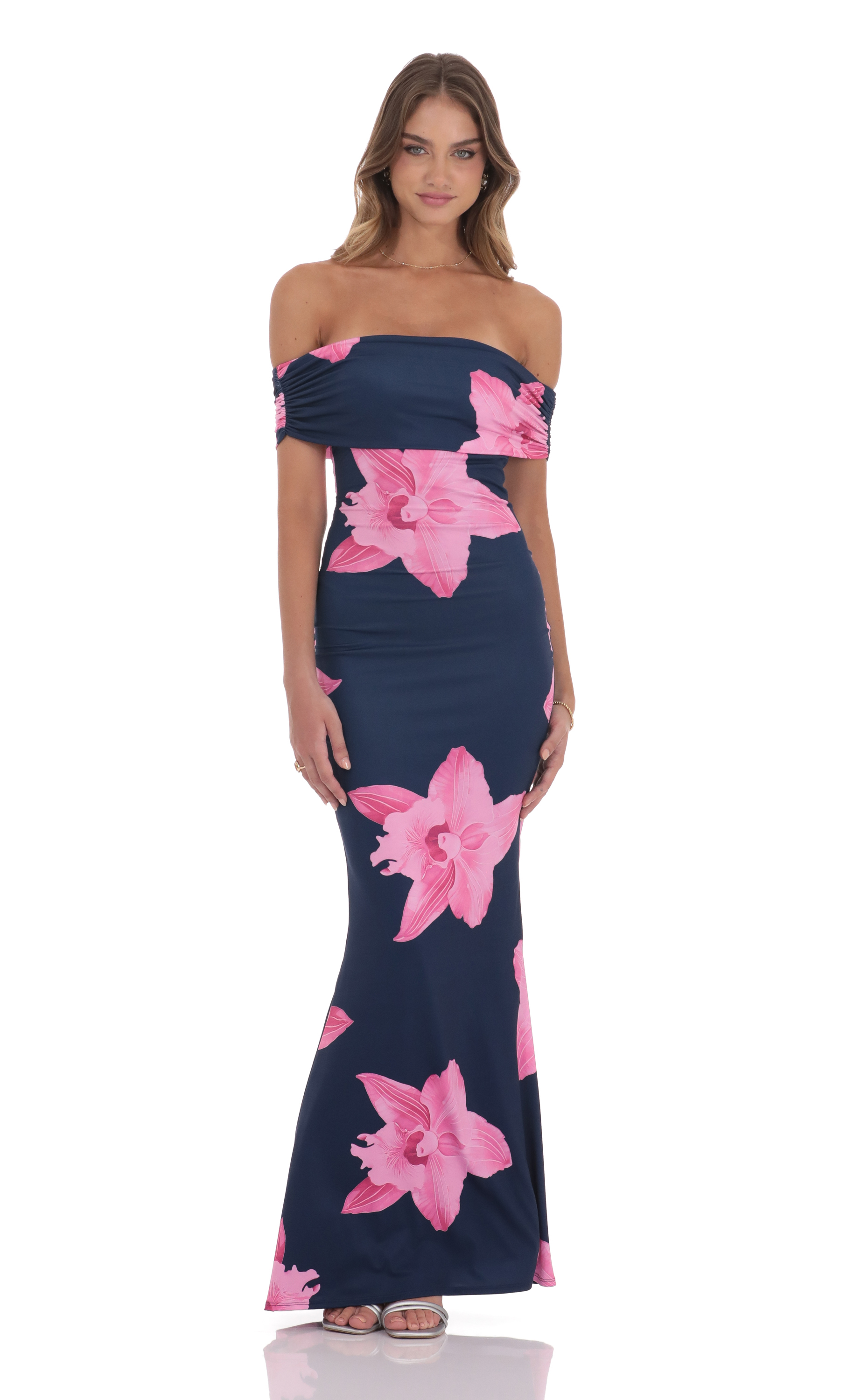 navy blue maxi dress with pink flowers Navy Blue Floral Square Neck Ruffle Maxi Dress