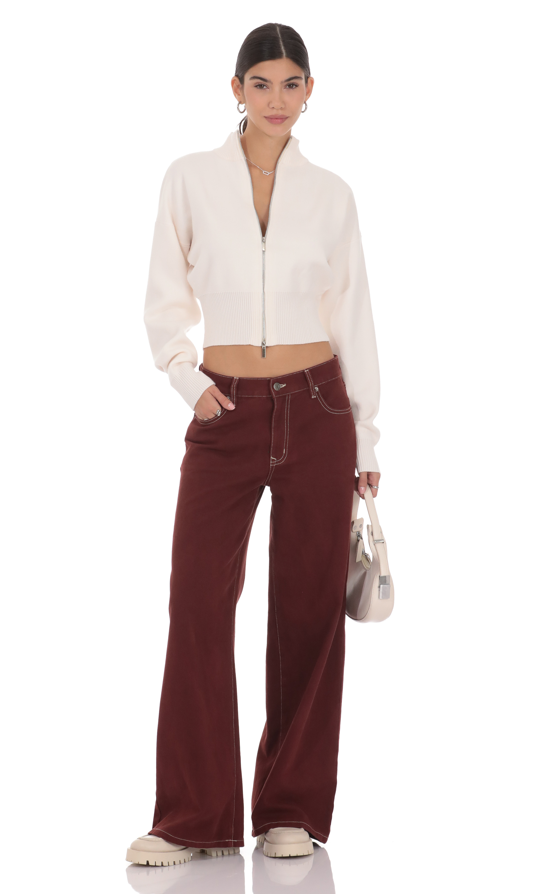 Mid Rise Wide Leg Jeans in Burgundy