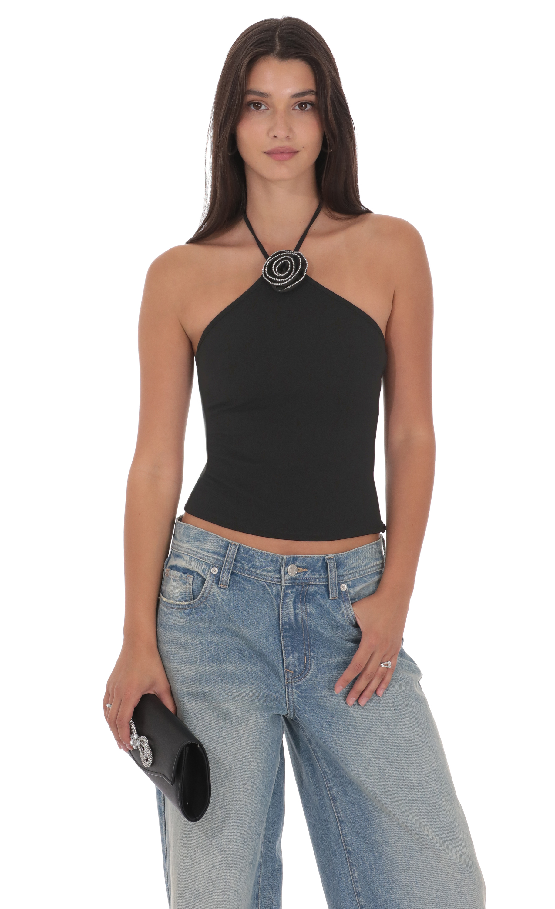 Rhinestone Rose Top in Black
