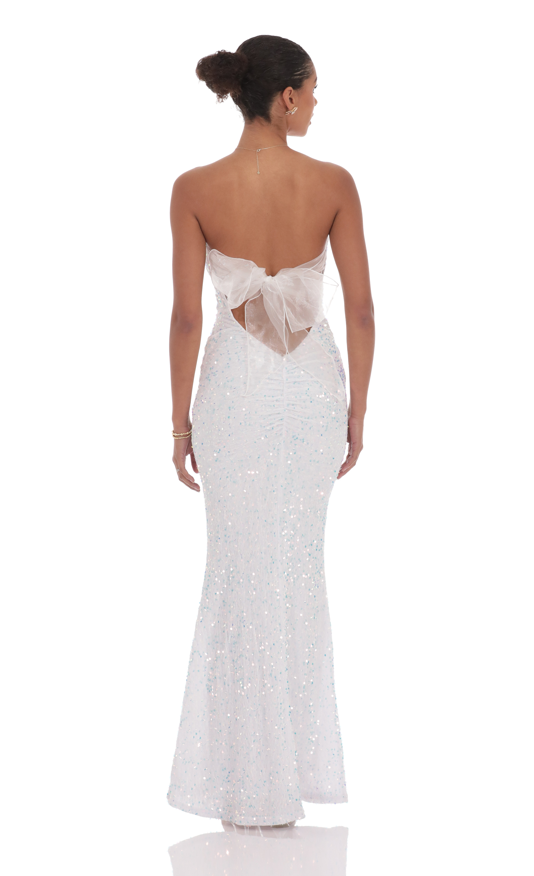 Velvet Sequin Strapless Maxi Dress in White