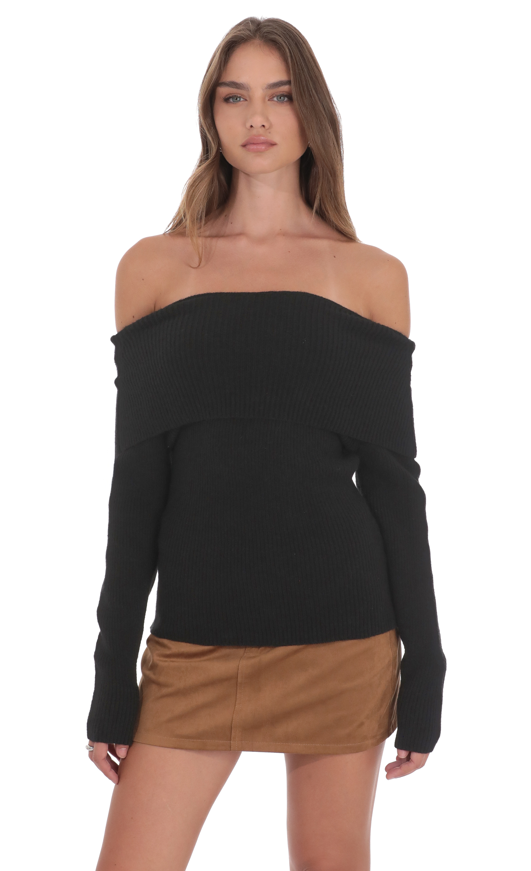 Off Shoulder Knitted Jumper in Black