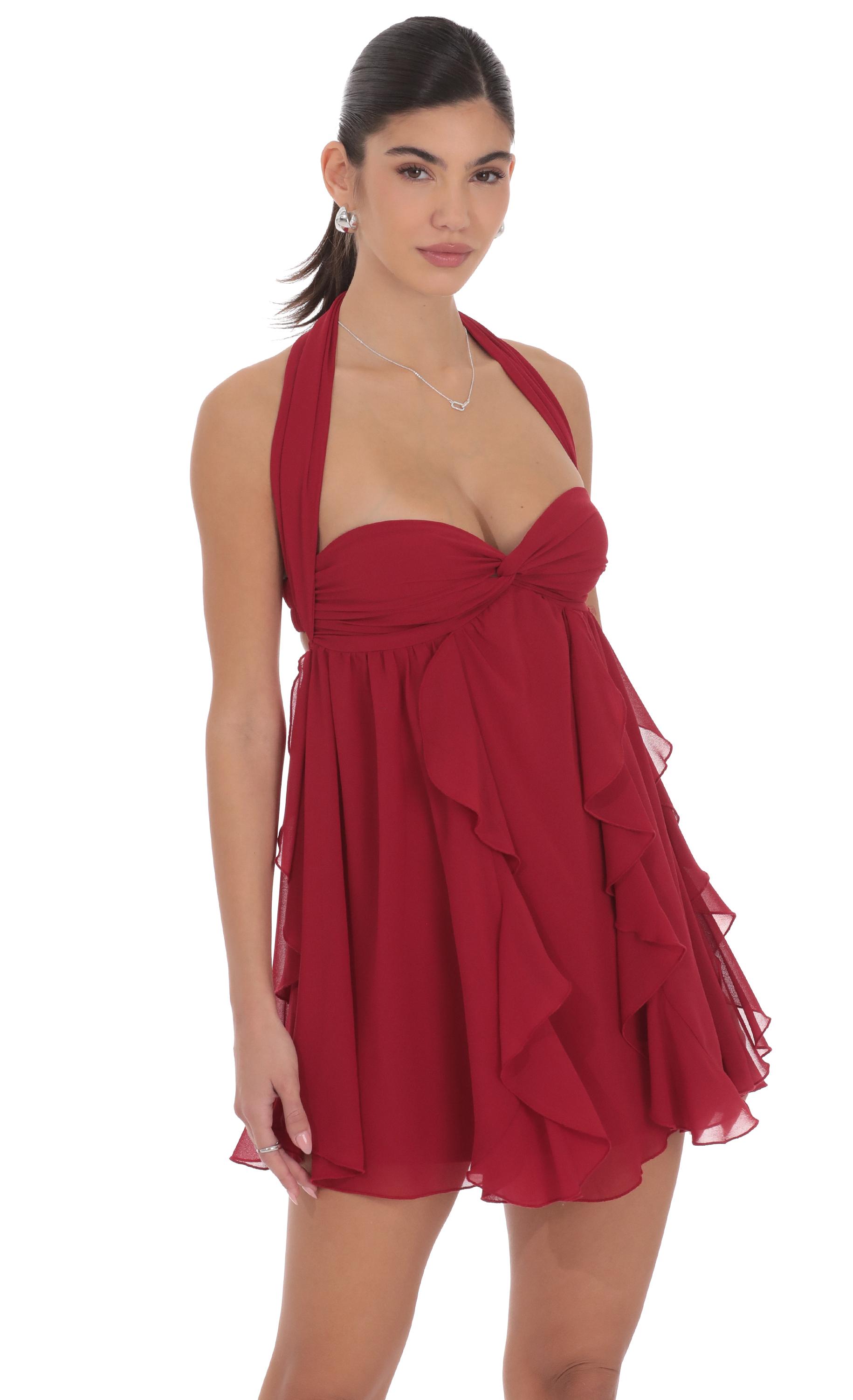 Halter Ruffle Babydoll Dress in Maroon