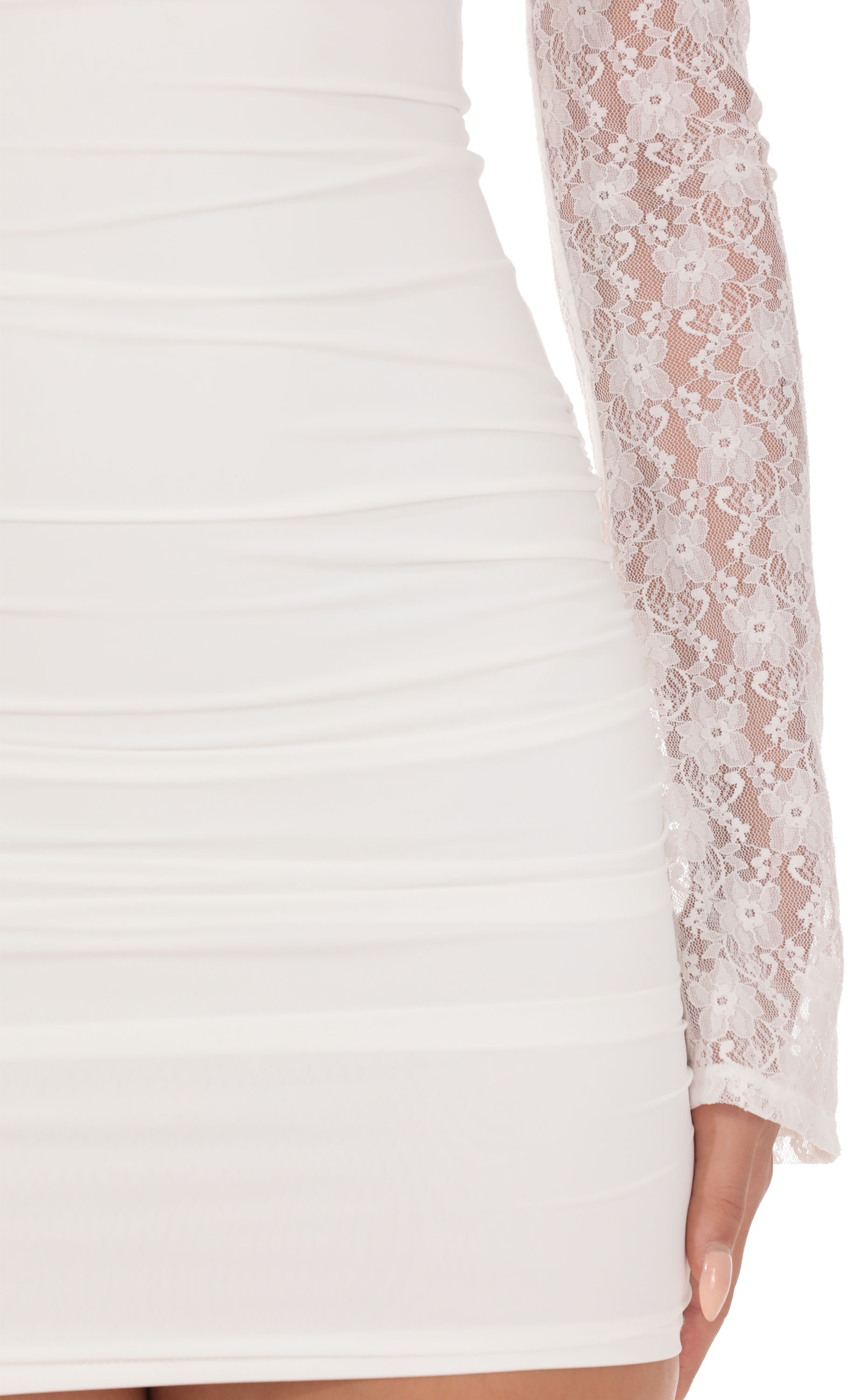 long sleeve ruched a-line mini dress in white Leyna White Mesh Long Sleeve Dress - US 4