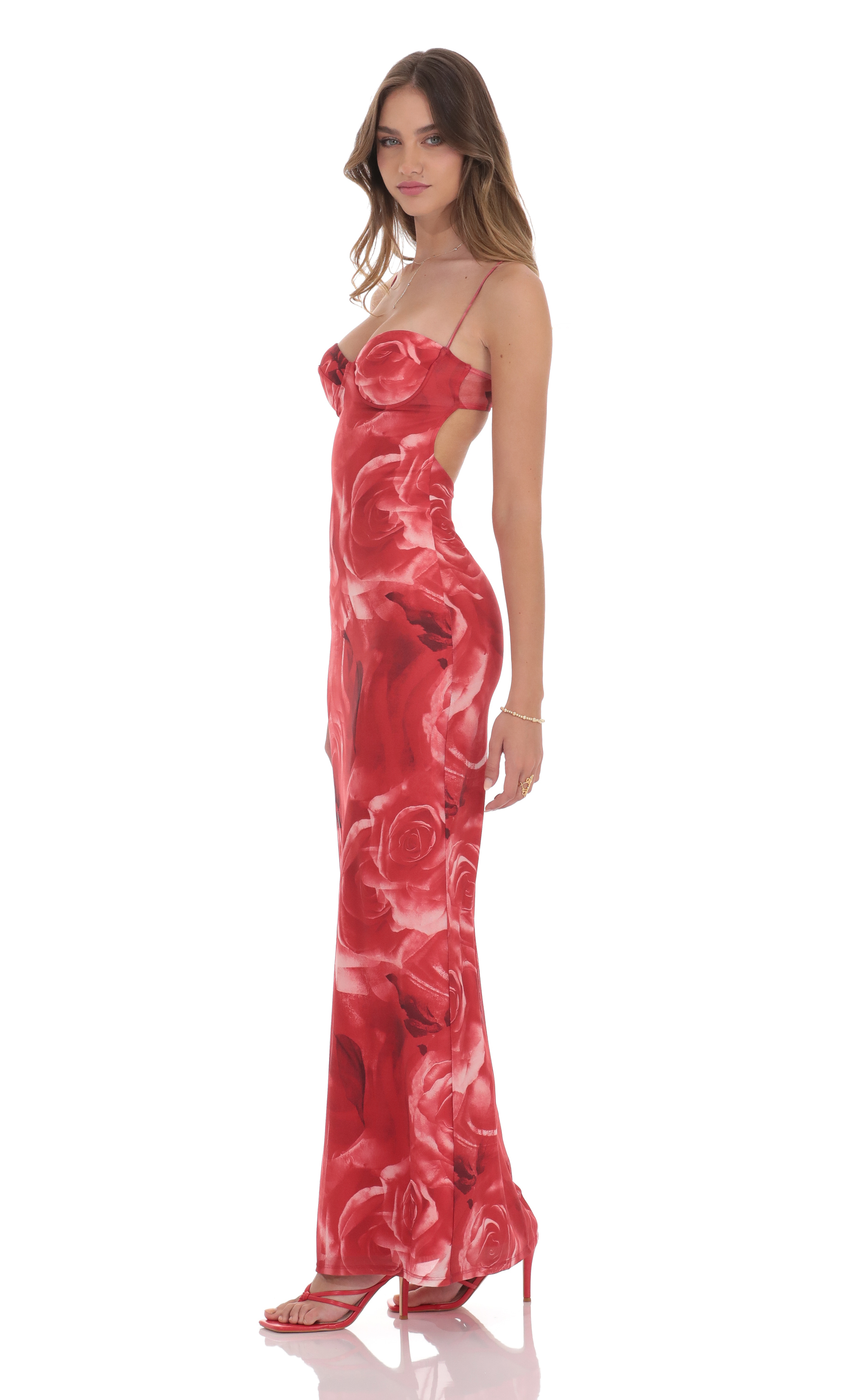 Rose Open Back Mesh Maxi Dress in Red