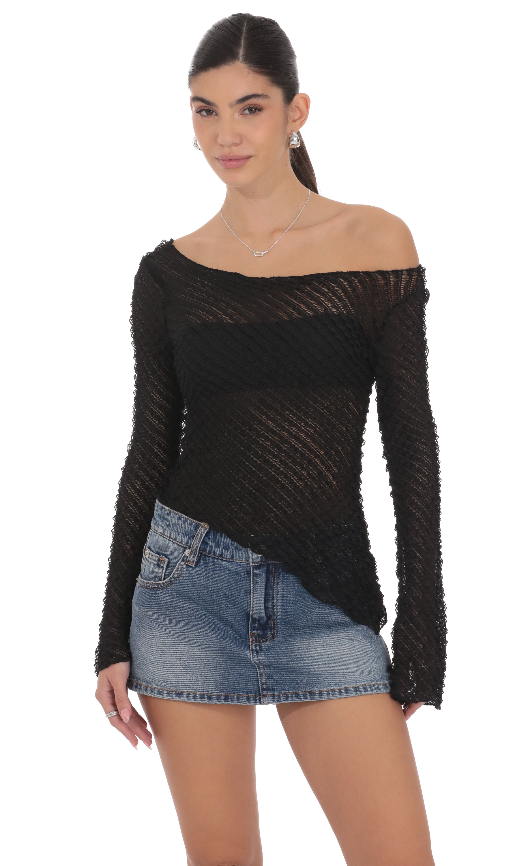 Ruffle Asymmetrical Sheer Lace Top in Black