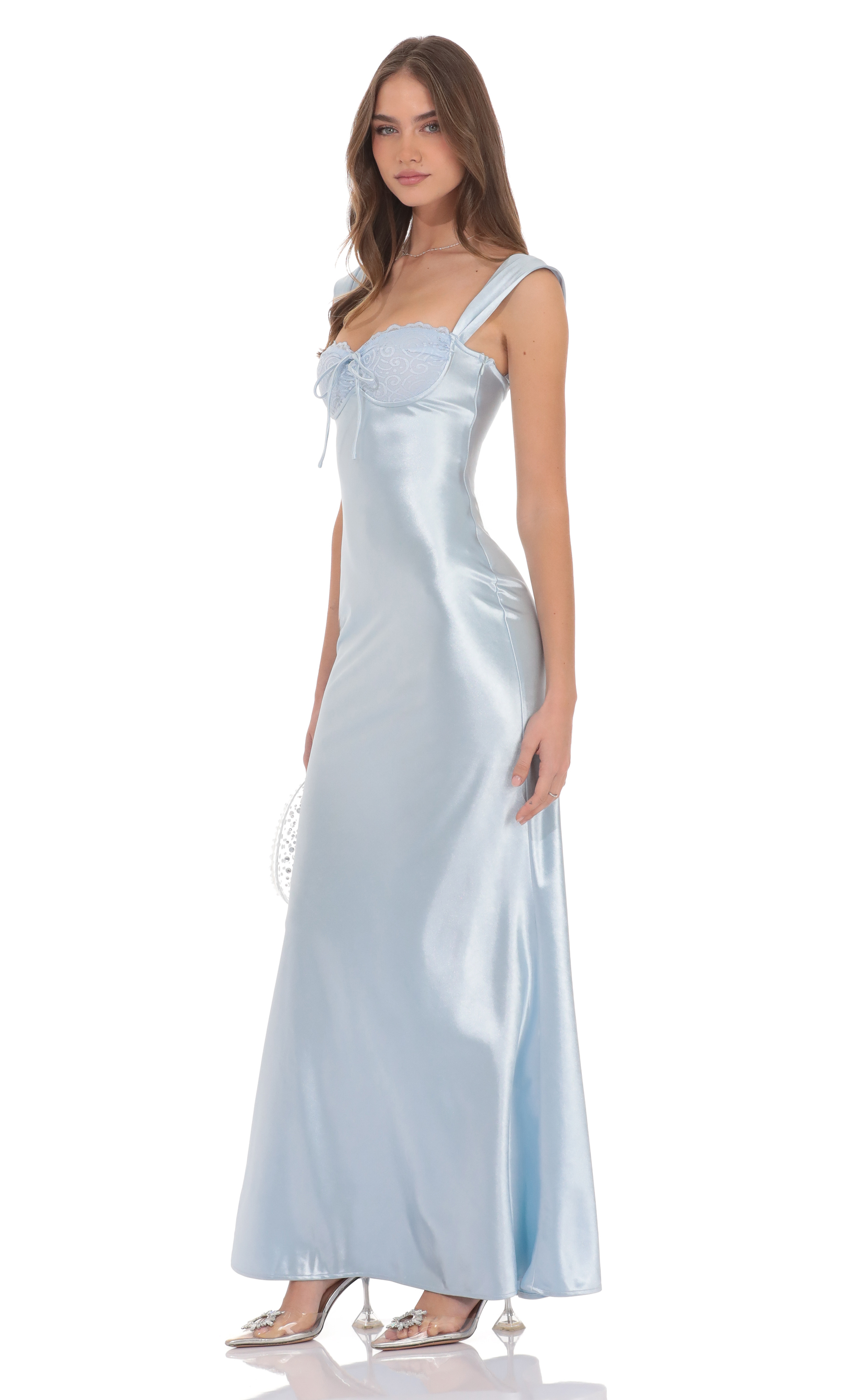 Satin Lace-Bust Maxi Dress in Light Blue Satin Lace-Bust Maxi Dress in Light Blue