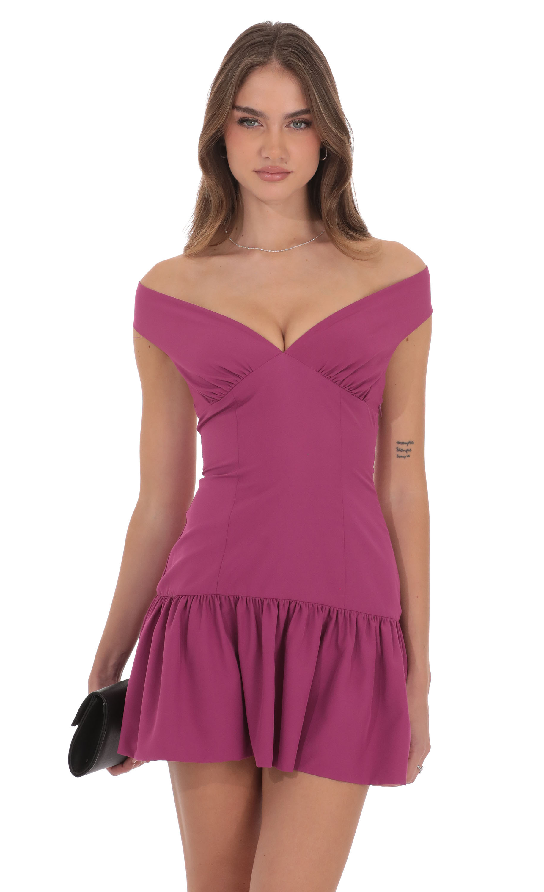 Off Shoulder Drop Waist Dress in Magenta