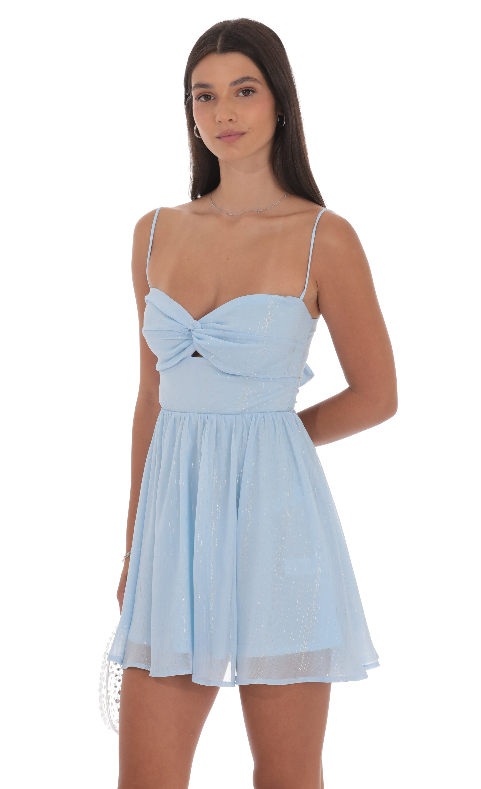 Shimmer Front Twist A-Line Dress in Light Blue