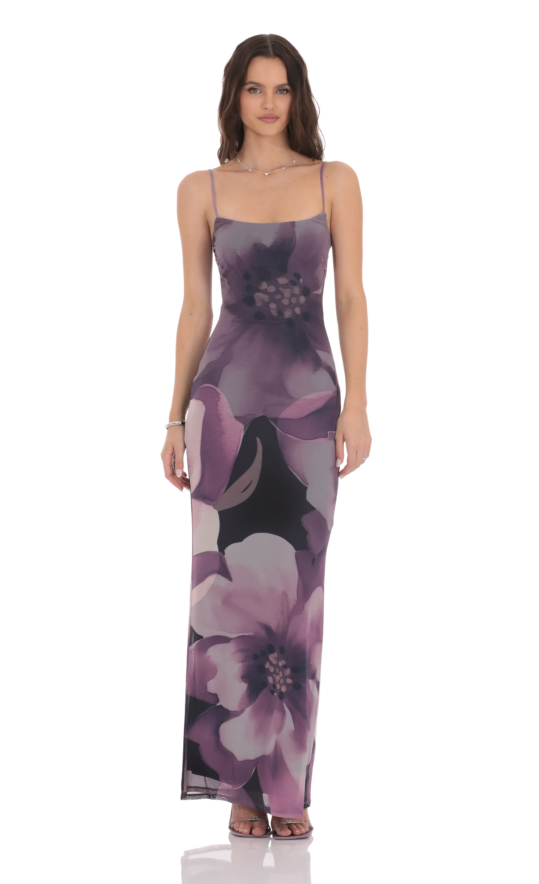 Floral Mesh Bodycon Maxi Dress in Purple