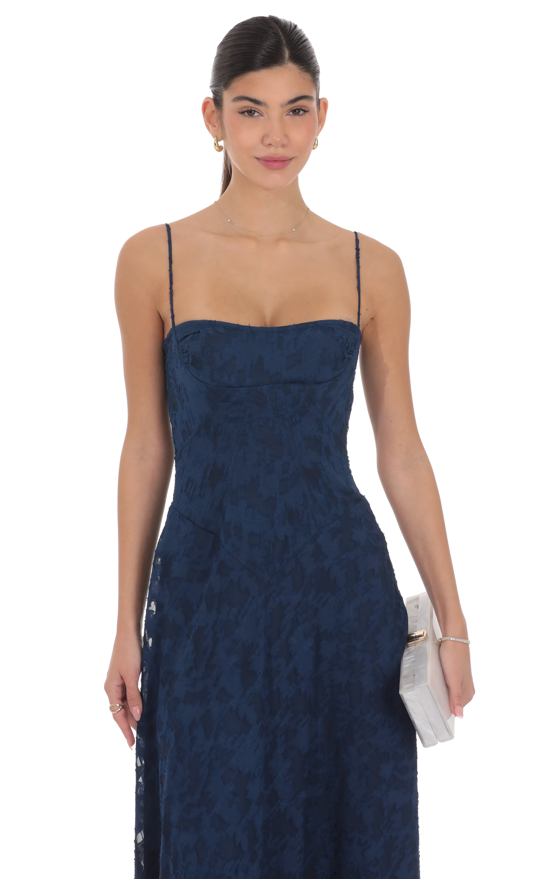 knee length dresses for ladies Francoise Navy Cowl Neck Backless Maxi Dress With Lace Insert – Club L  London main image 1