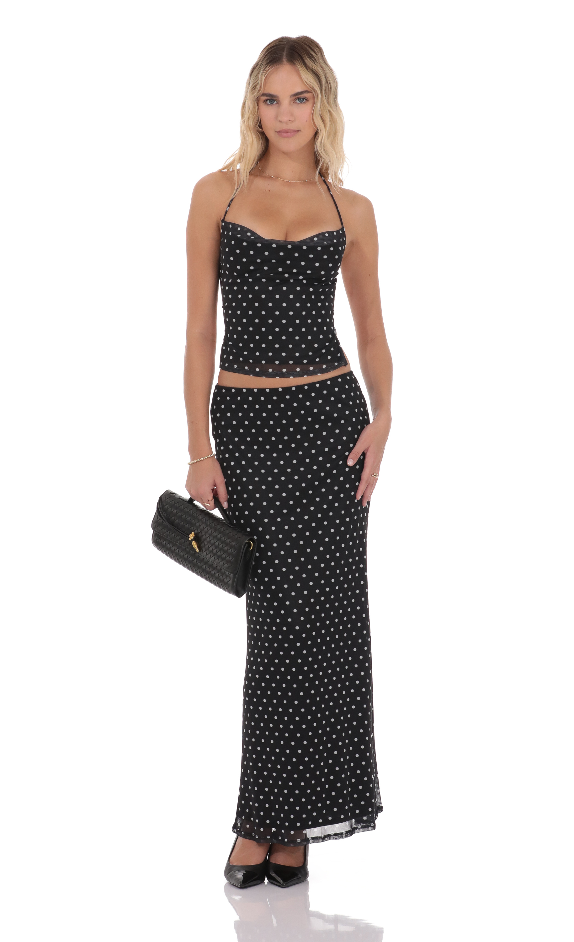 Polka Dot Cowl Neck Two Piece Set in Black