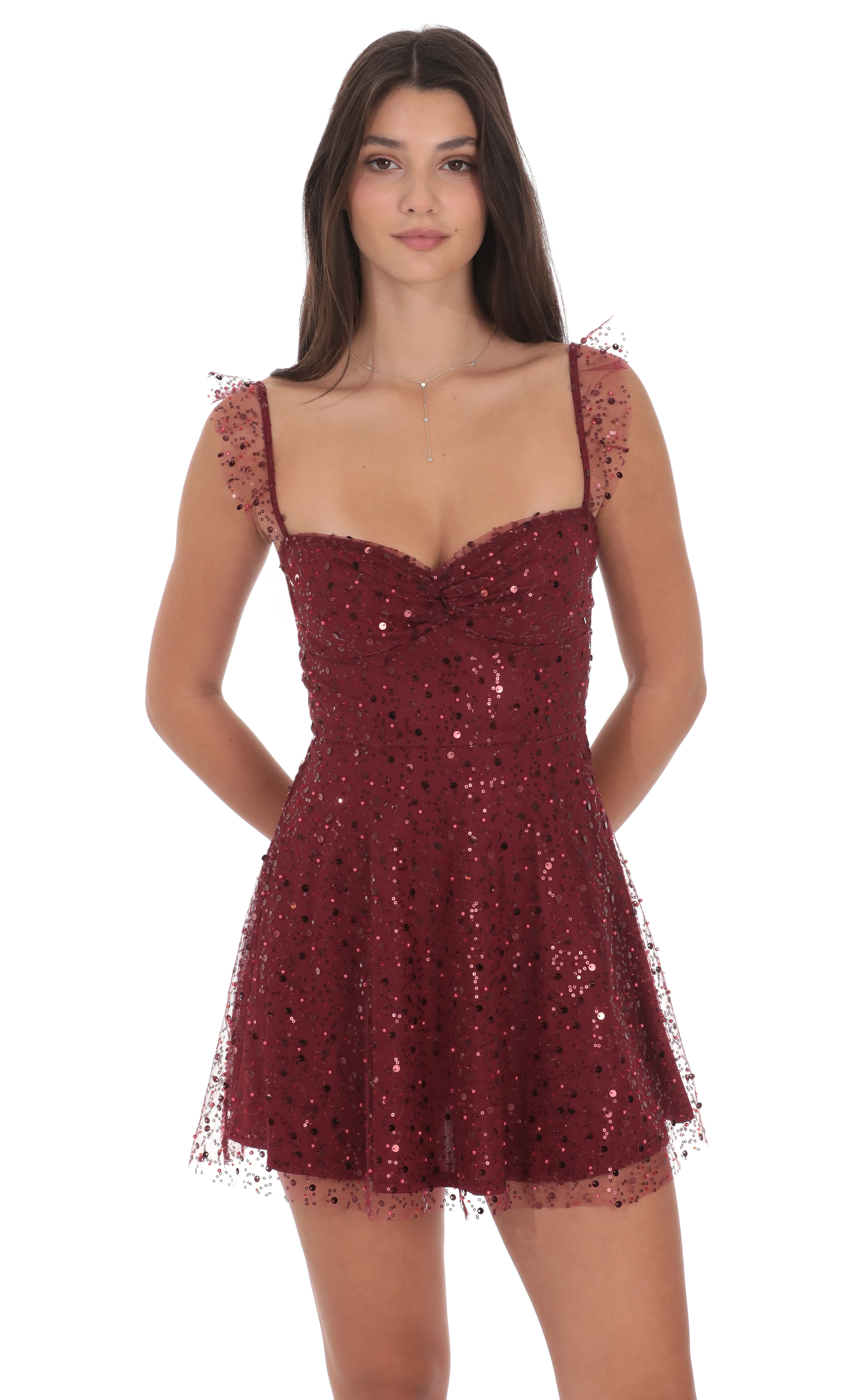 Sequin Ruffle Strap A-Line Dress in Burgundy